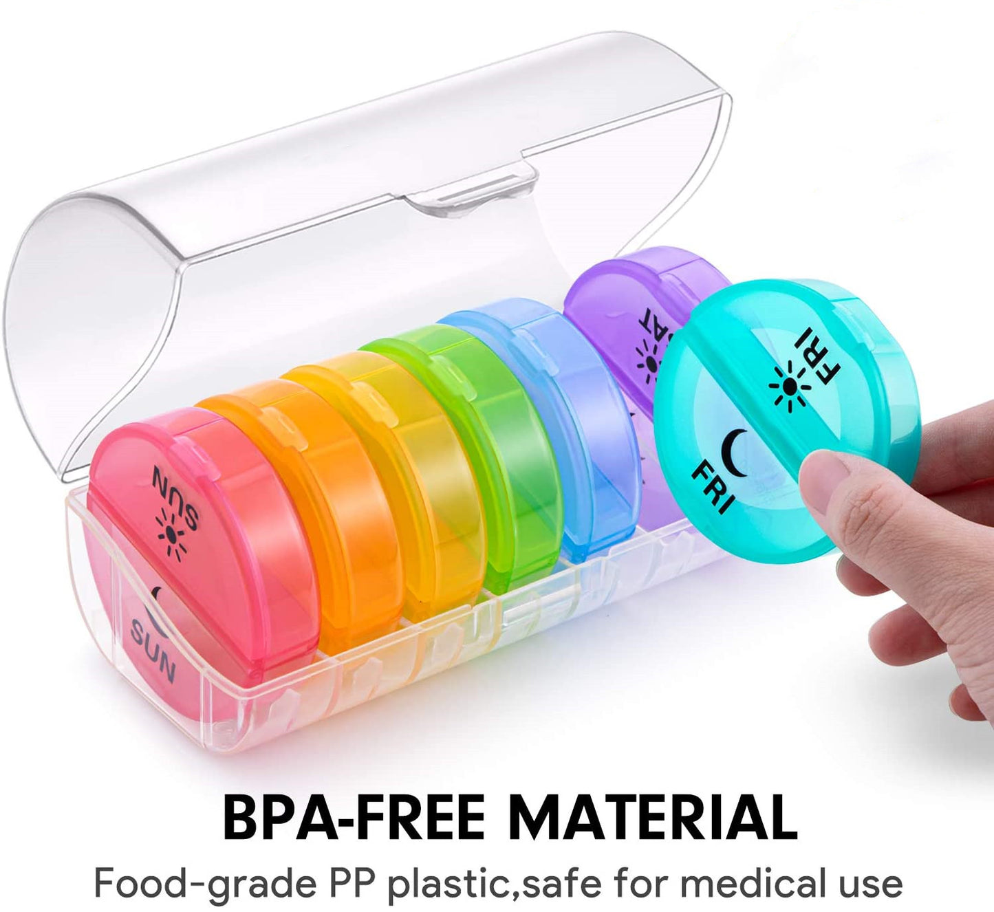 Daily Pill Organizer (Twice-a-Day) - Weekly AM/PM Pill Box, Round Medicine Organizer, 7 Day Pill Container, Vitamin Organizer for Vitamin Fish Oils Supplement