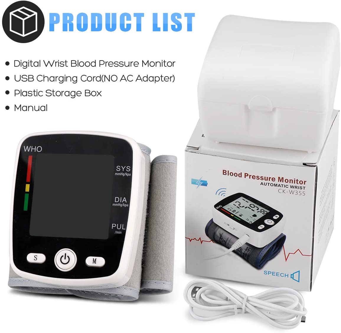 Blood Pressure Monitor, Wrist Blood Pressure Cuff Monitor with USB Charging, Automatic Digital BP Machine, Voice Broadcast