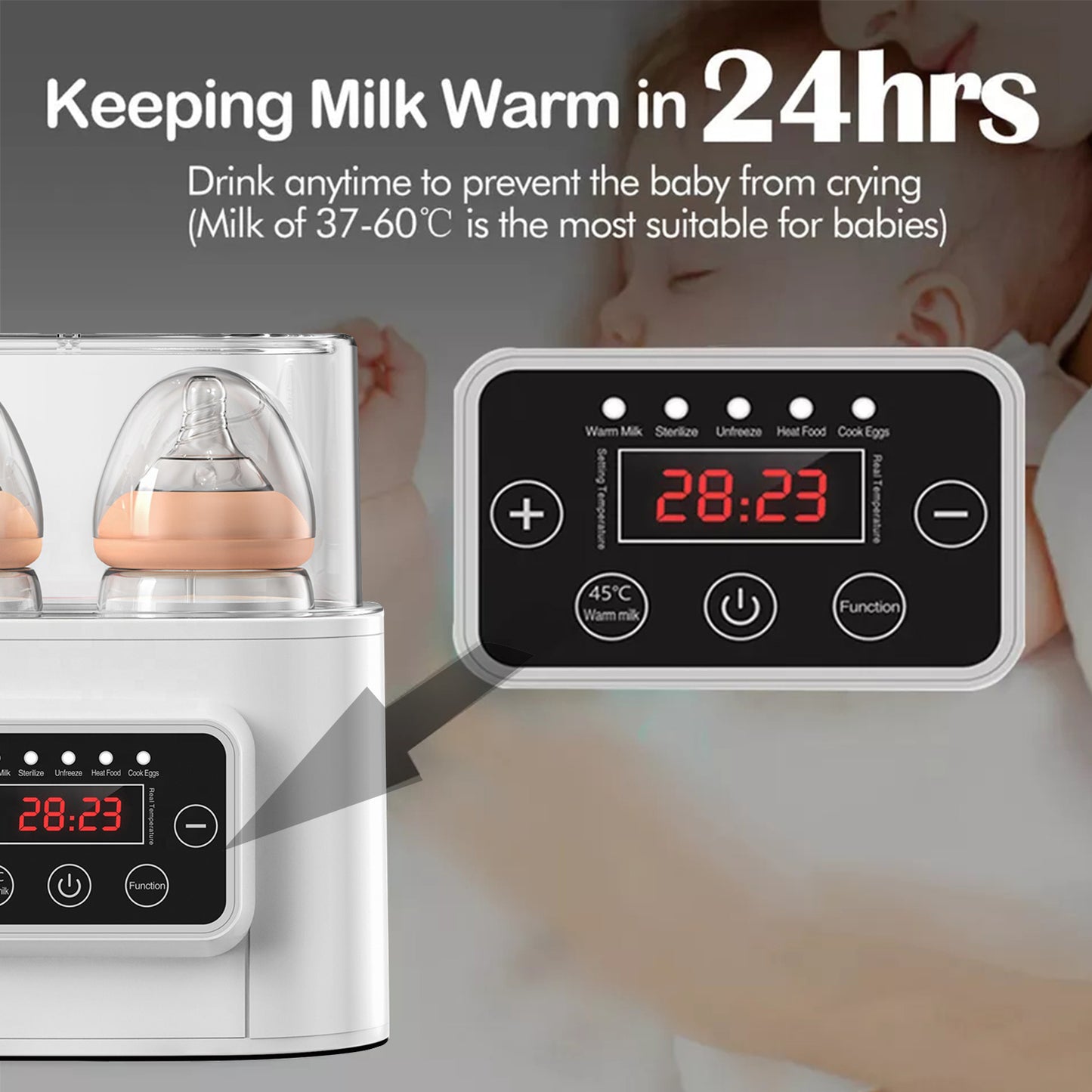 Laverner  Baby Bottle Warmer, Bottle Sterilizer, 6-in-1 Fast Bottle Warmer  Food Heater&Defrost, Baby Breast Milk Formula Warmer with LCD Display