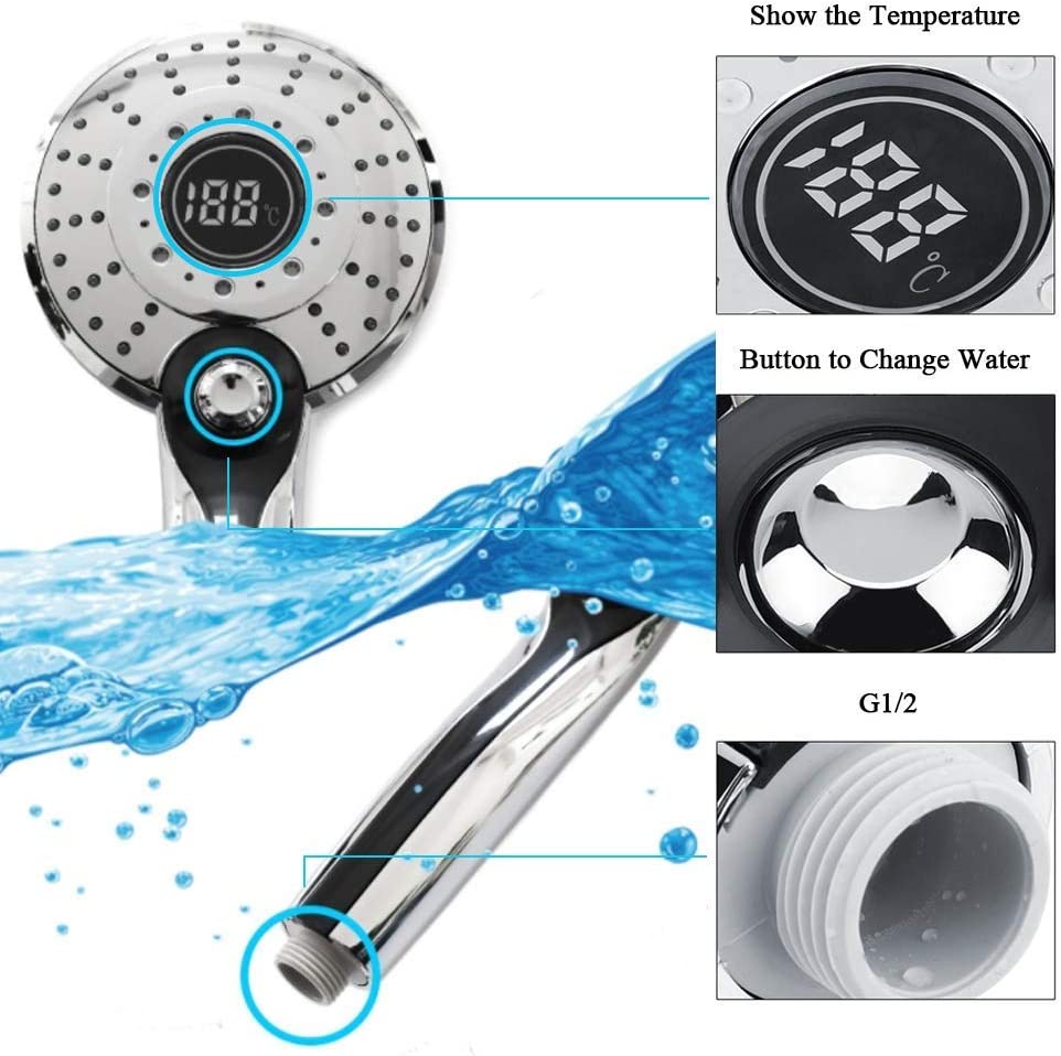 Shower Head, Digital Display Handheld Shower Head Portable Hand Held Shower Tool Head with 3 Colors Temperature Control
