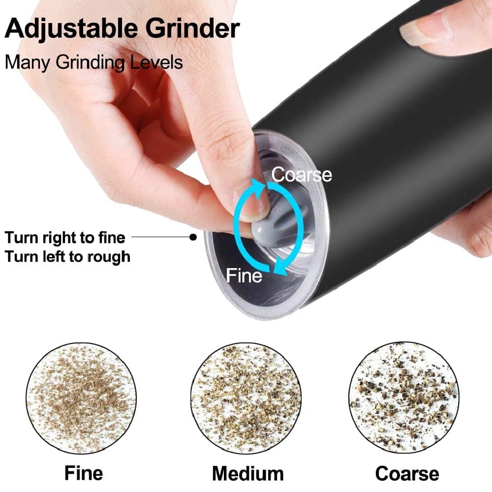 Gravity Electric Pepper and Salt Grinder Set, Adjustable Coarseness, Battery Powered with LED Light, One Hand Automatic Operation, Stainless Steel Silver