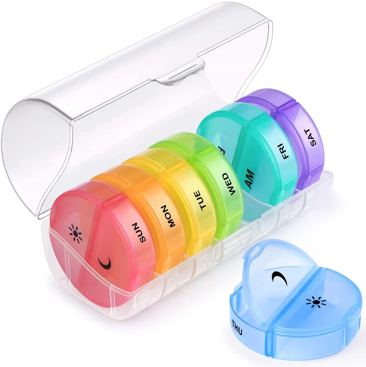 Pill Organizer 2 Times A Day Travel Weekly Pill Box 7 Day AM/PM Pill Organizer, Large Pop-Out Compartments, Rainbow