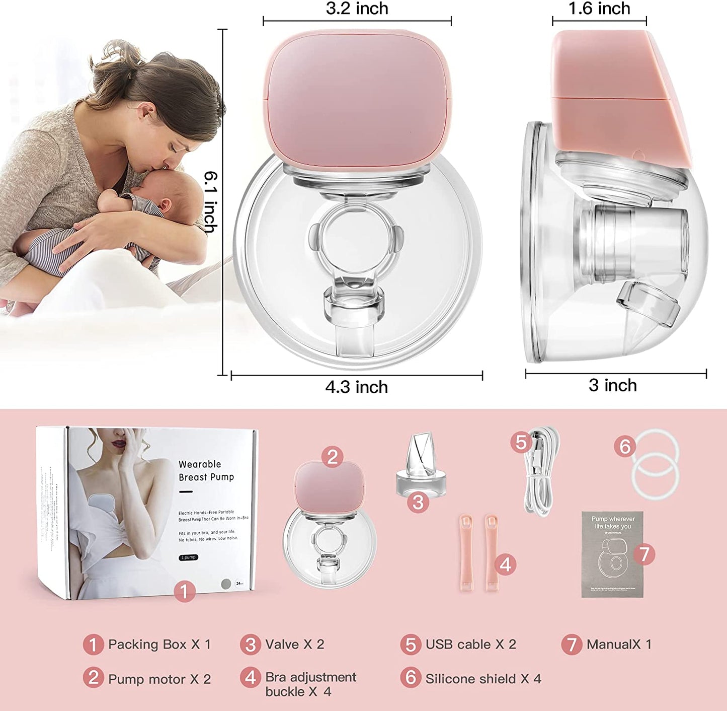 Breast Pump - Yadala Double Electric Breast Pump 24 mm Hands-Free Wearable Breast Pump 2 Mode & 5 Levels Portable Breast Pump  ,Pink
