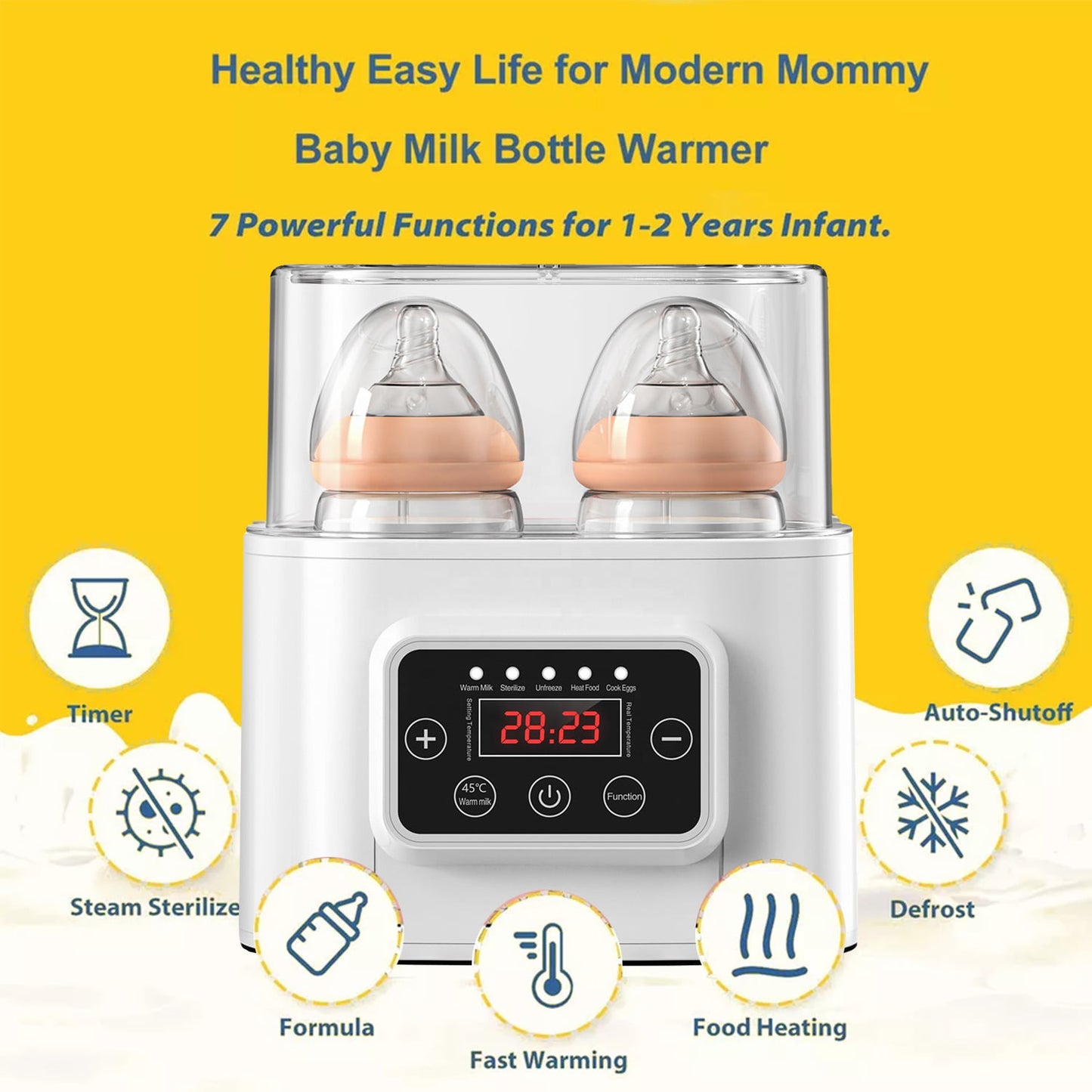 Laverner  Baby Bottle Warmer, Bottle Sterilizer, 6-in-1 Fast Bottle Warmer  Food Heater&Defrost, Baby Breast Milk Formula Warmer with LCD Display