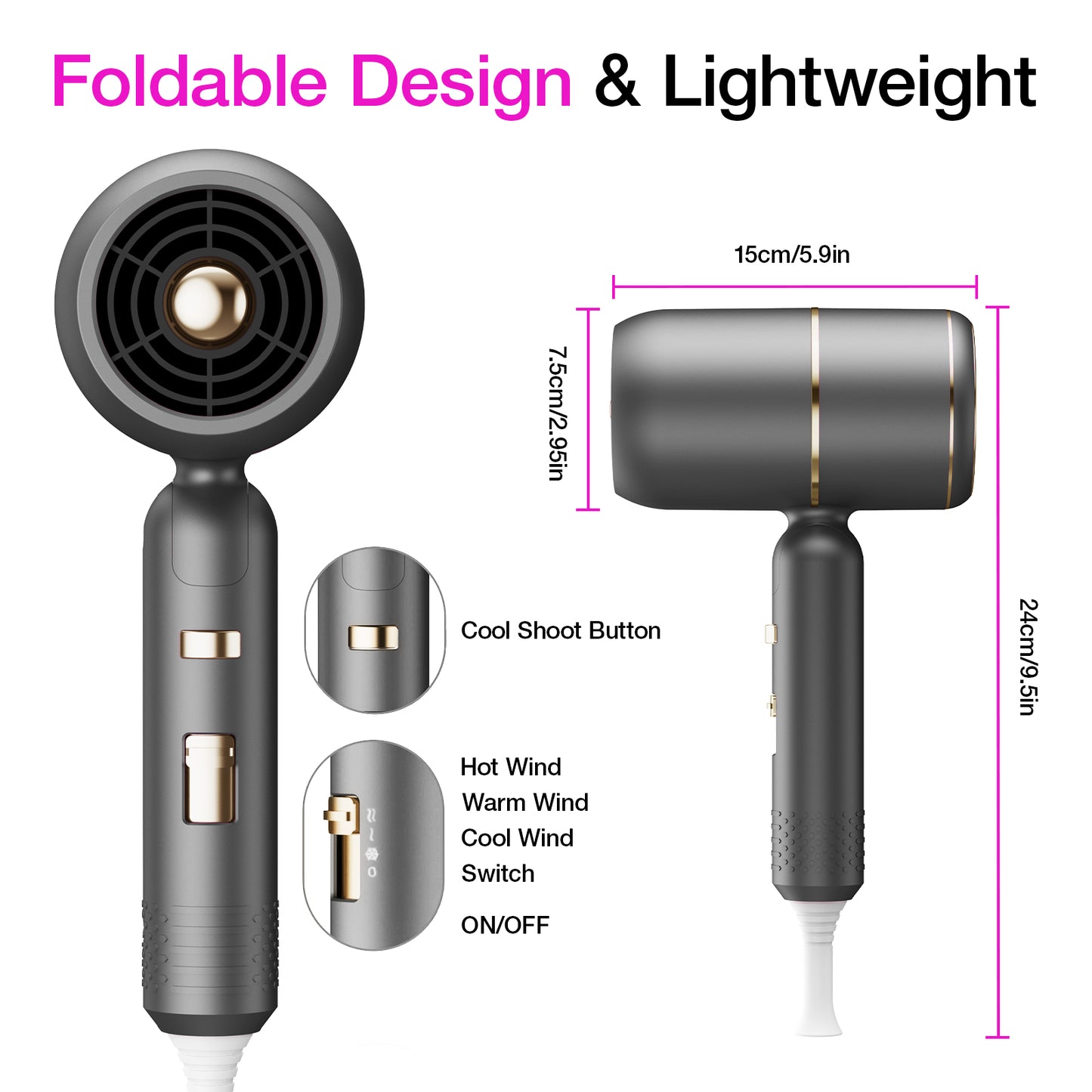 Hair Dryer, 1800W Professional Blow Dryer, Ionic Hair Dryer with Diffuser, Foldable Handle Hair Dryer, Constant Temperature Hair Care