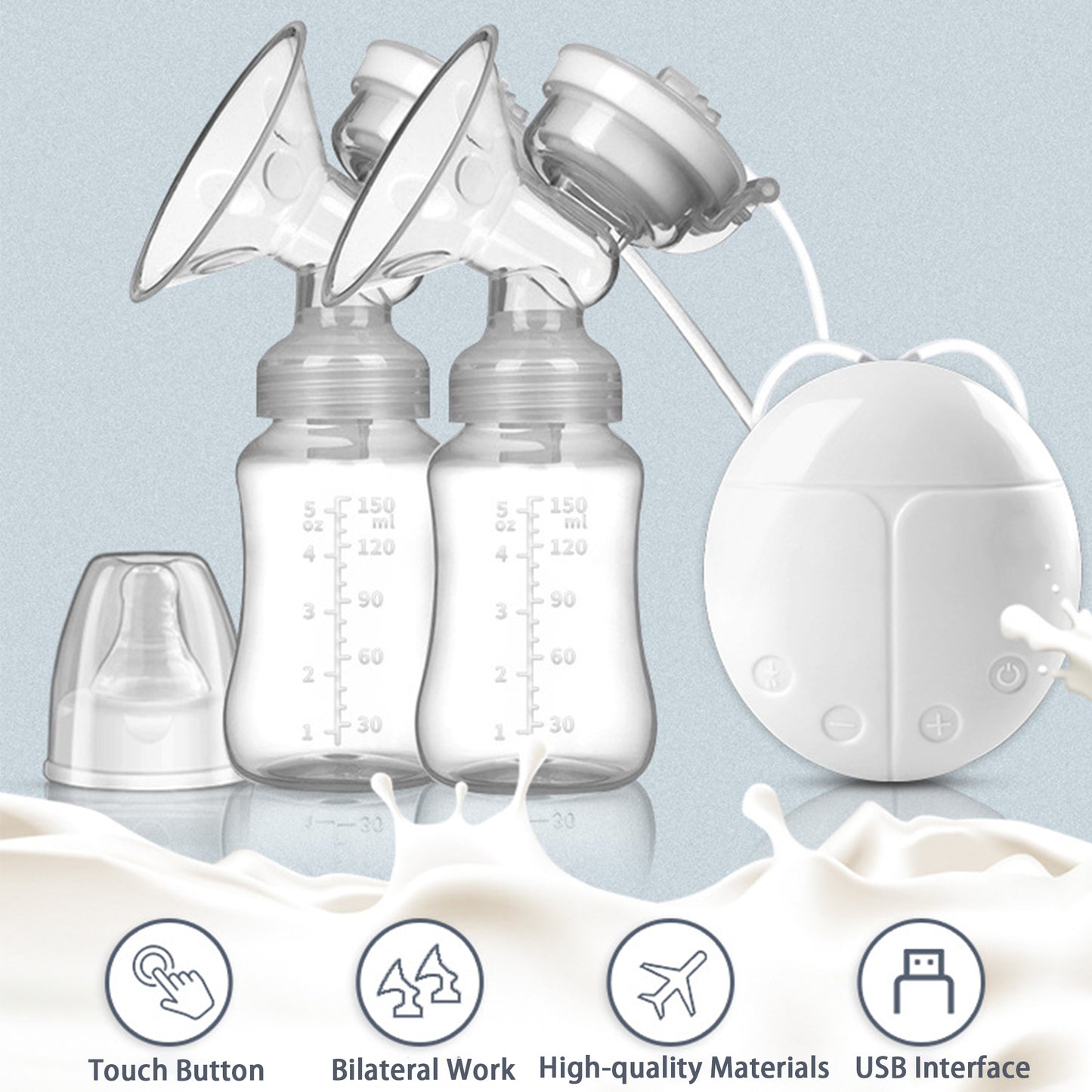 Yadala Electric Breast Pump, BPA-Free USB Dual Breast Pump Safety Comfortable and Lightweight Postpartum Breast Pump, 150ml Milk Storage Bottle with Lid and Nipple, Blue