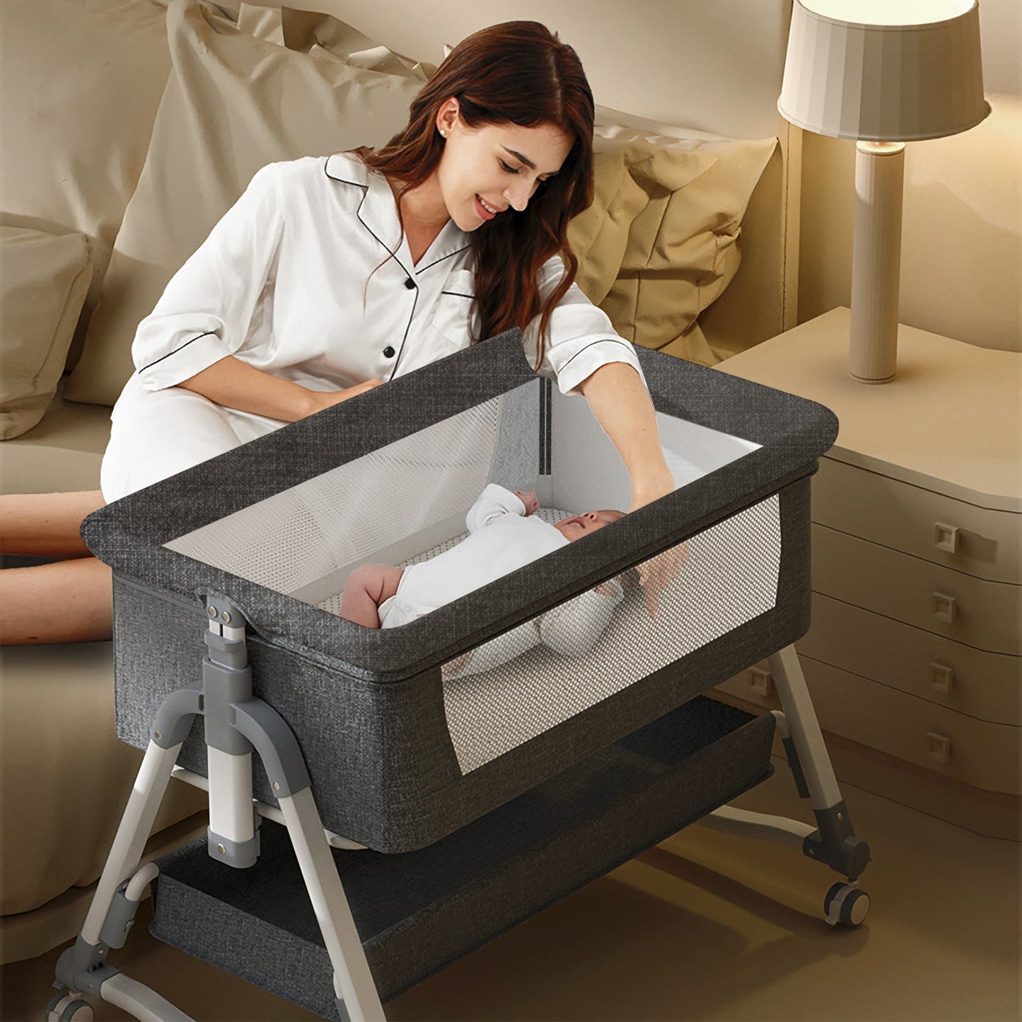 Laverner Baby Bassinets, 3 in 1 Bedside Bassinet Cribs, Easy Folding Portable Bedside Sleeper for Baby with Storage Bag