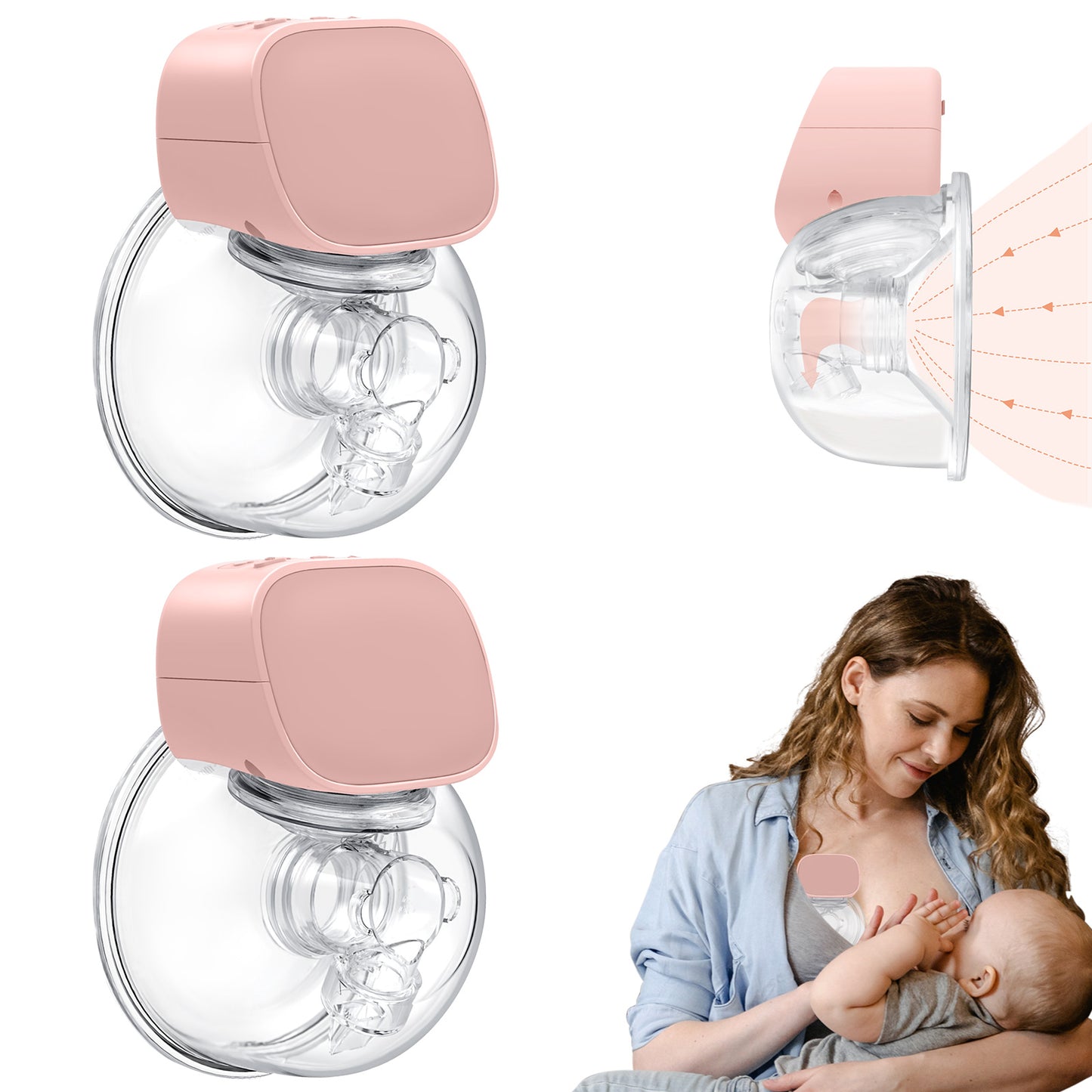 Yadala 2Pcs Breast Pump - Electric Hands-Free Portable Breastfeeding Breastpump, Spill-Proof Ultra-Quiet Pain Free Breast Pump,Light Pink