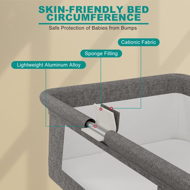 Yadala Bedside Cribs, Baby Bassinet Bedside Sleeper, 5 Height Adjustable Baby Bed for Infant/Baby/Newborn, Comfortable Mattresses, Gray