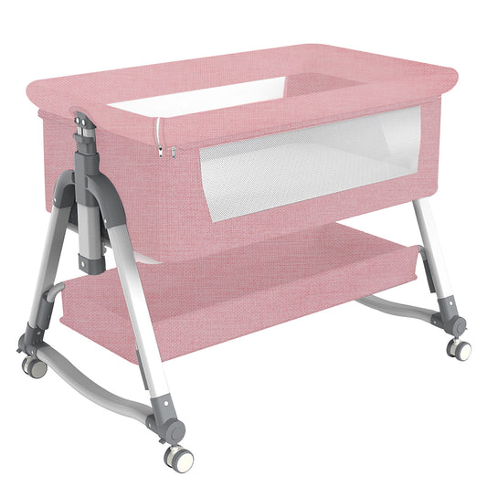 Yadala Bedside Cribs, Baby Bassinet Travel Baby Crib Baby Bed with Breathable Net, Adjustable Portable Bed for Infant/Baby with Mattress, Pink