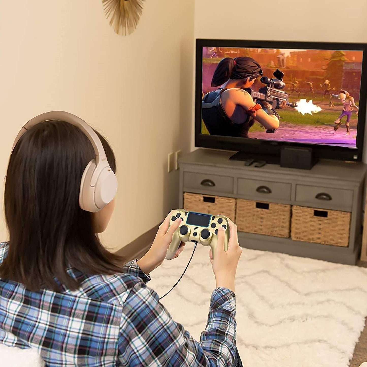 Wireless Game Controller Compatible with PS4,Analog Sticks/6-Axis Motion Sensor With Charging Cable - Gold