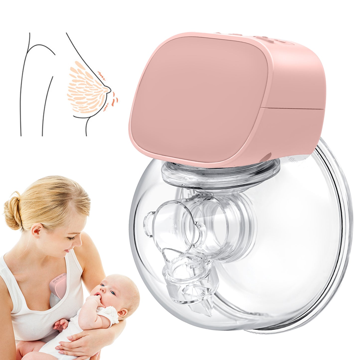 Yadala Wearable Breast Pump - Electric Hands-Free Portable Breastfeeding Breastpump, Spill-Proof Ultra-Quiet Pain Free Breast Pump with 2 Mode & 5 Levels, 24mm- Pink
