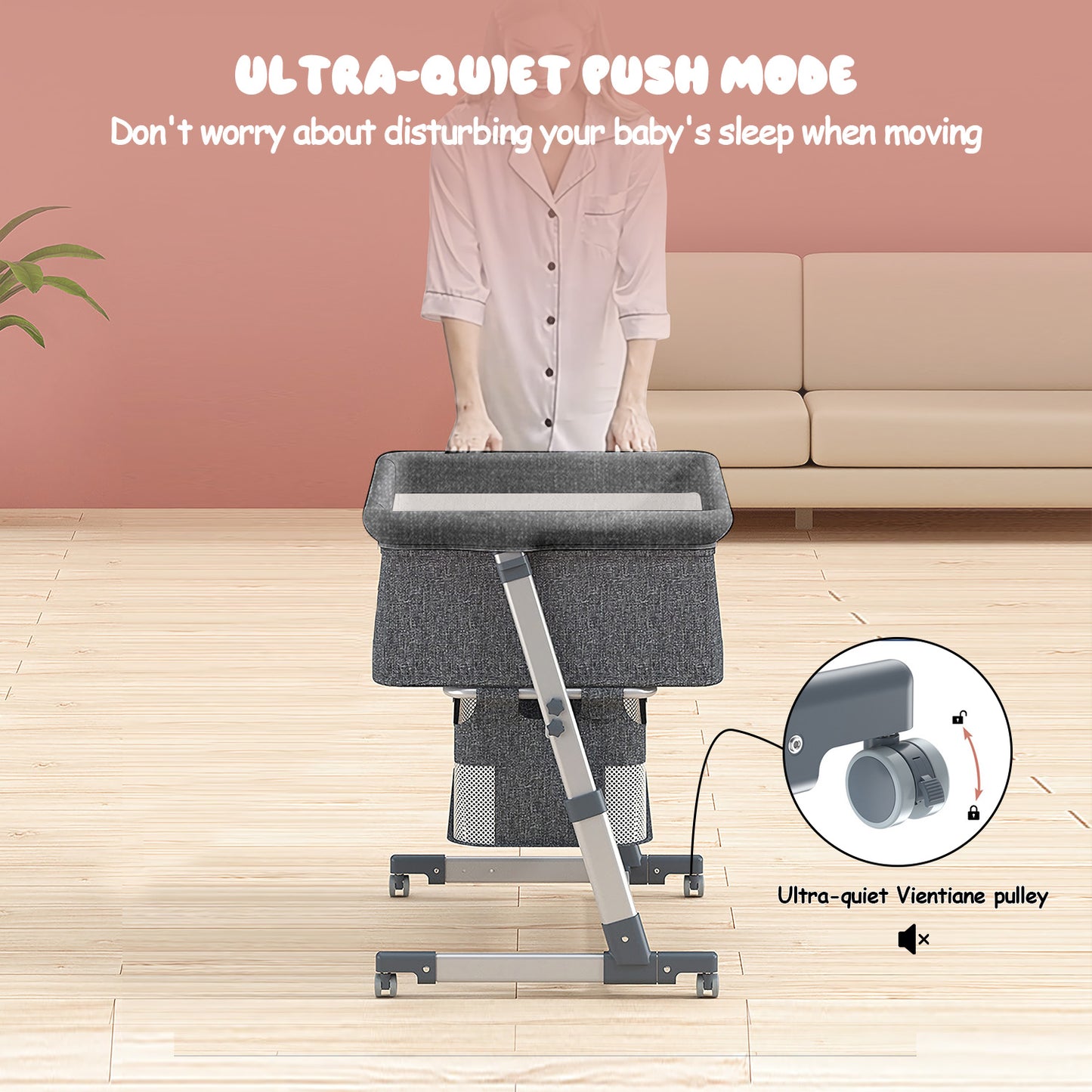 Yadala Bedside Cribs, Baby Bassinet Bedside Sleeper, 5 Height Adjustable Baby Bed for Infant/Baby/Newborn, Comfortable Mattresses, Gray