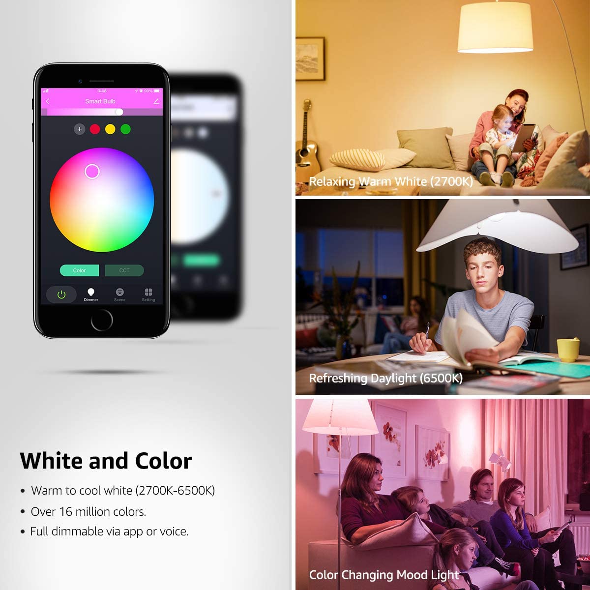 Smart WiFi Light Bulbs, LED Color Changing Lights, Works with Alexa & Google Assistant, RGBW 2700K-6500K, 9W Equivalent, Dimmable with App, A19 E27, No Hub Required, 2.4GHz WiFi Only, Pack of 4