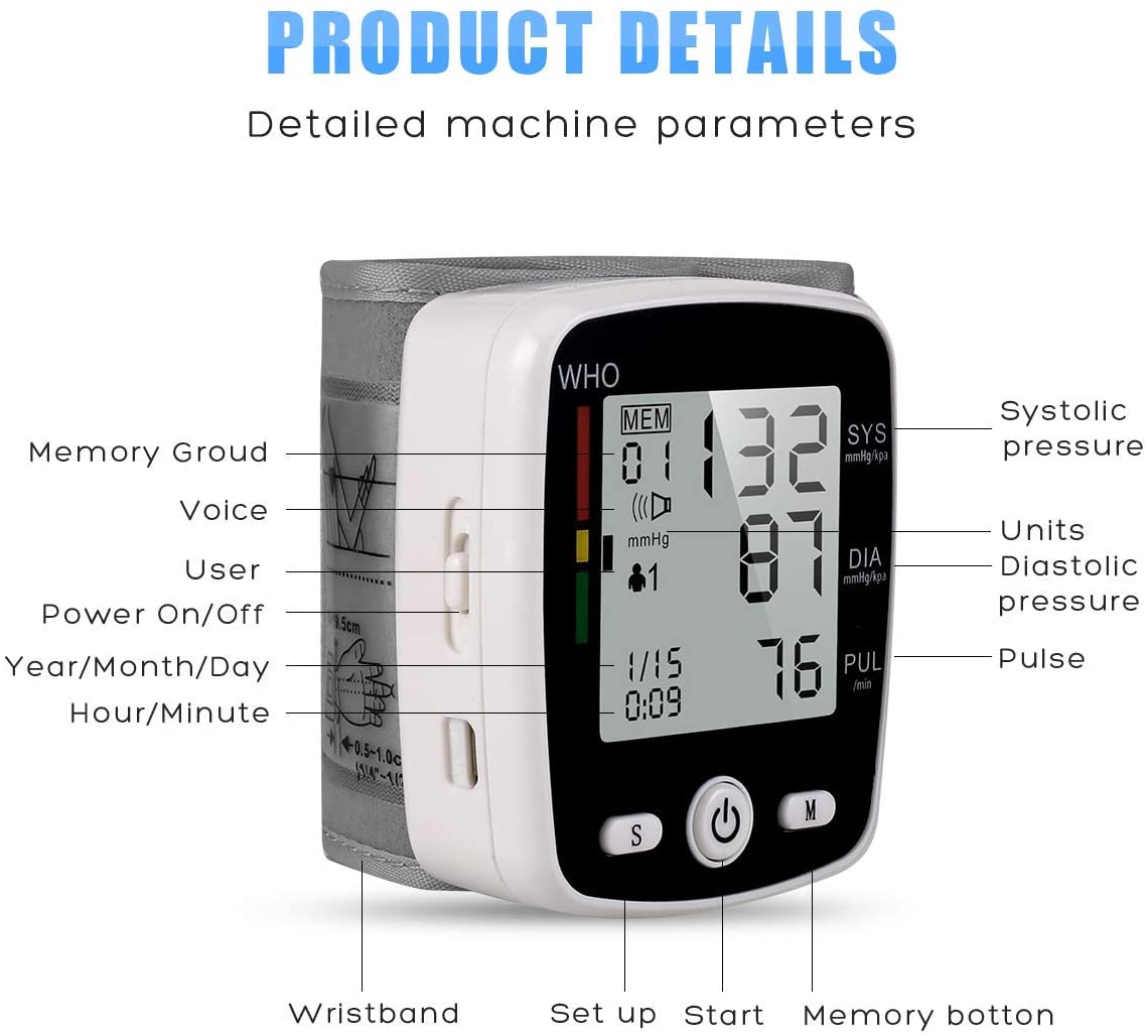 Blood Pressure Monitor, Wrist Blood Pressure Cuff Monitor with USB Charging, Automatic Digital BP Machine, Voice Broadcast