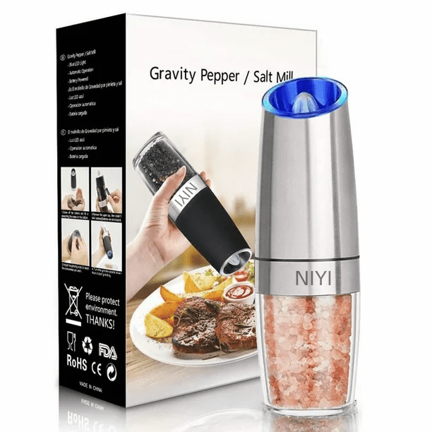 Gravity Electric Pepper and Salt Grinder Set, Adjustable Coarseness, Battery Powered with LED Light, One Hand Automatic Operation, Stainless Steel Silver