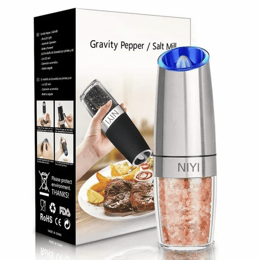 Gravity Electric Pepper and Salt Grinder Set, Adjustable Coarseness, Battery Powered with LED Light, One Hand Automatic Operation, Stainless Steel Silver