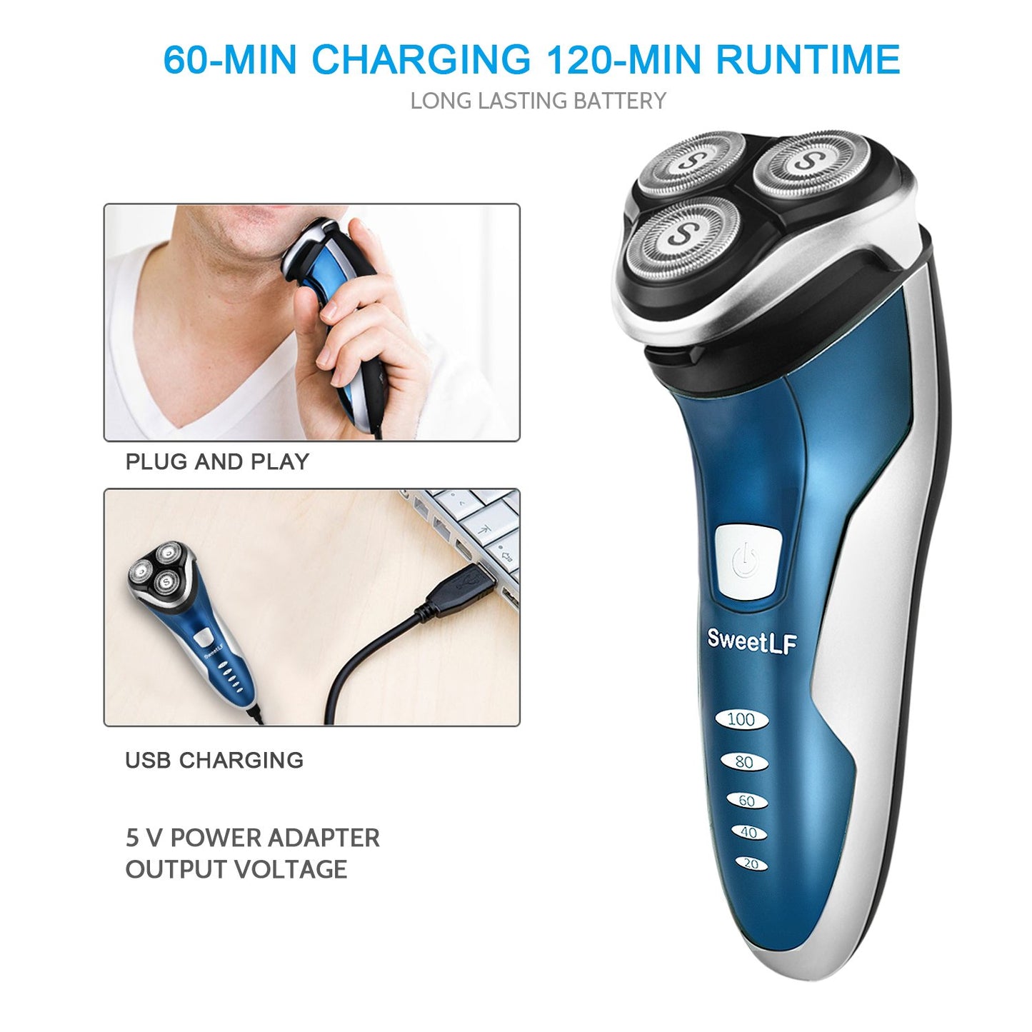 SweetLF Electric Razor for Men, IPX7 Waterproof Wet and Dry Electric Shaver with Pop-up Trimmer, Blue