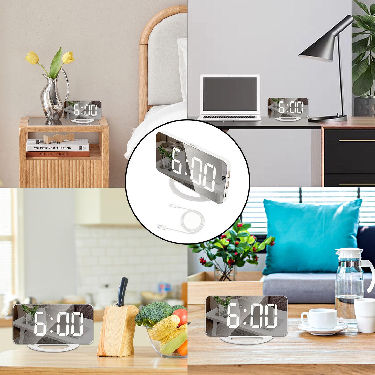 Digital Alarm Clock, LED Mirrored Clocks Large Display with 3 Diming Mode & Snooze for Bedroom Home Office