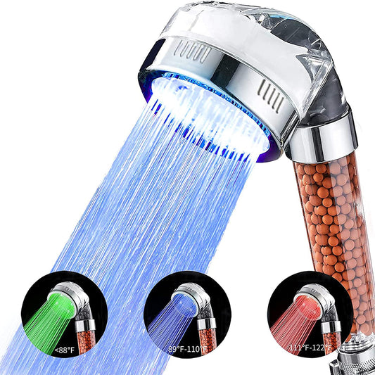 LED Shower Head Color Changing, High Pressure Filter Filtration Shower Head with Handheld for Repair Dry Skin and Hair Loss - Color Changes with Water Temperature, Automatically No Batteries Needed