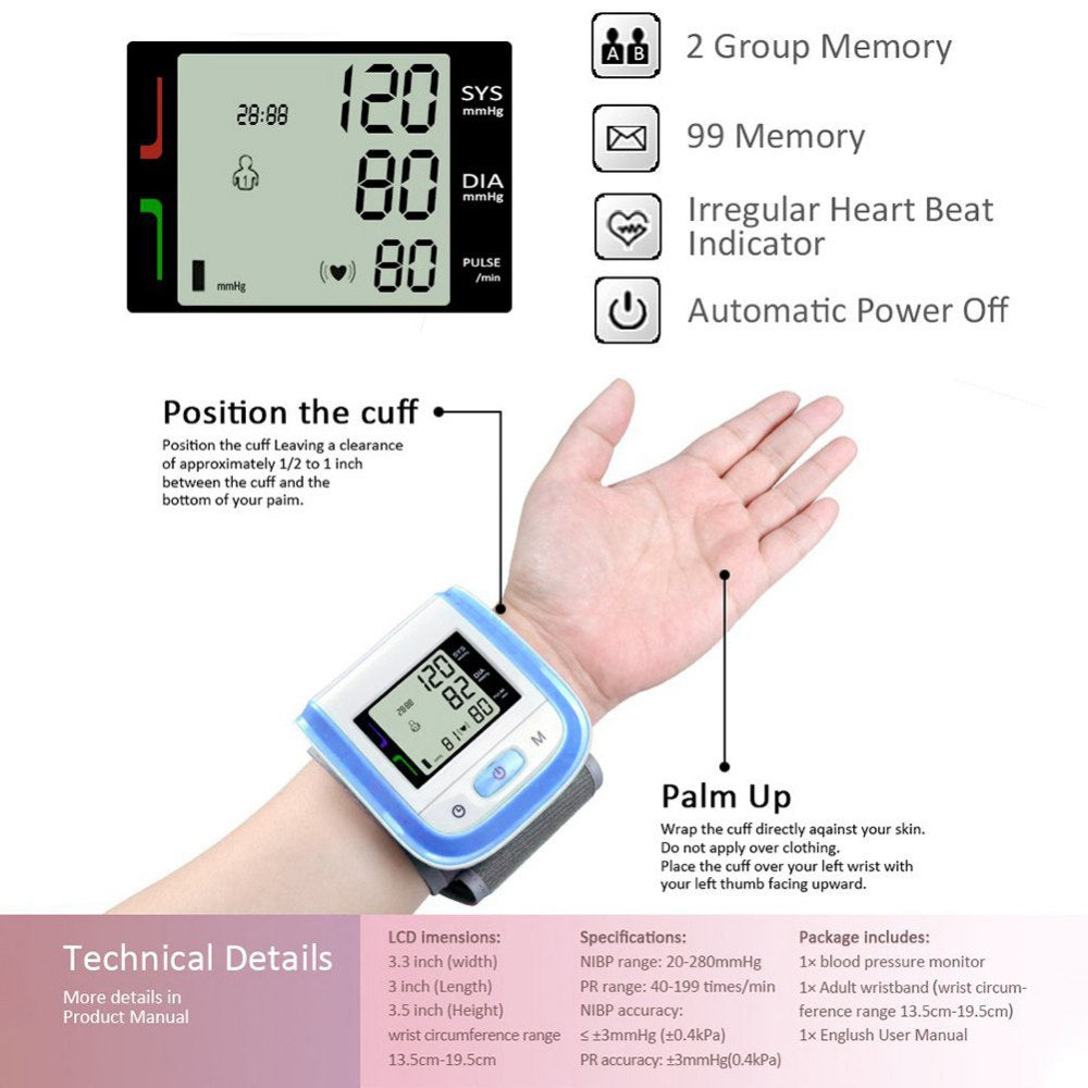 Blood Pressure Monitor, BDUN Automatic Blood Pressure Machine Wrist Cuff with Heart Rate, LCD Display, Memory and Carrying Case