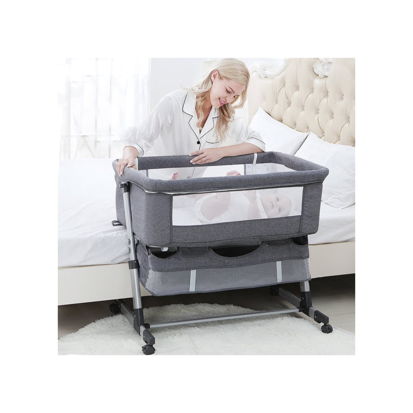 3 in 1 Baby Bassinets, Yadala Bedside Sleeper for Baby, Baby Cradle with Storage Basket, Easy to Assemble Bassinet for Newborn/Infant, Adjustable Bedside Crib, Safe Portable Baby Bed, Gray
