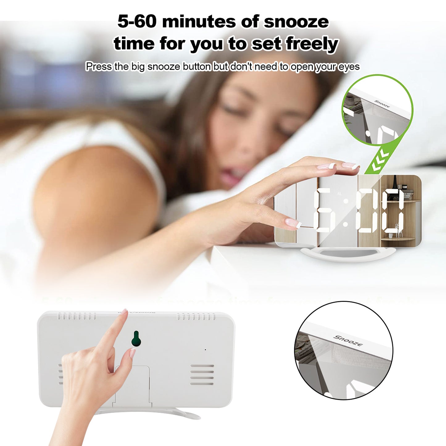 Digital Alarm Clock, LED Mirrored Clocks Large Display with 3 Diming Mode & Snooze for Bedroom Home Office