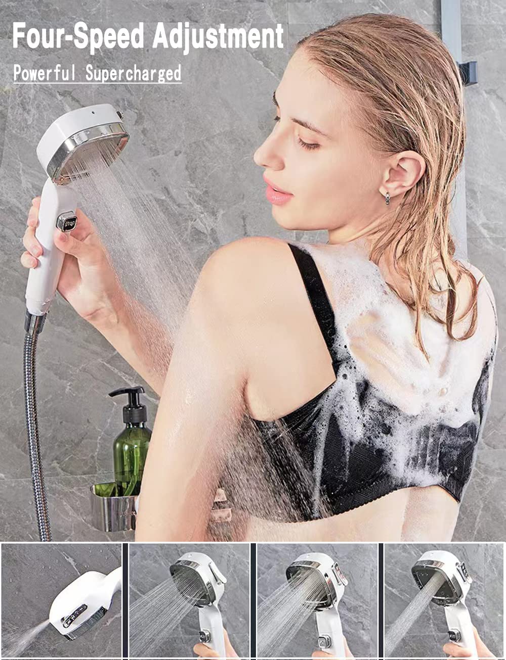 Handheld Shower Head, 4 Settings High Pressure Water Saving Shower Head, Detachable Filter Bathroom Shower Sprayer with ON/Off Switch