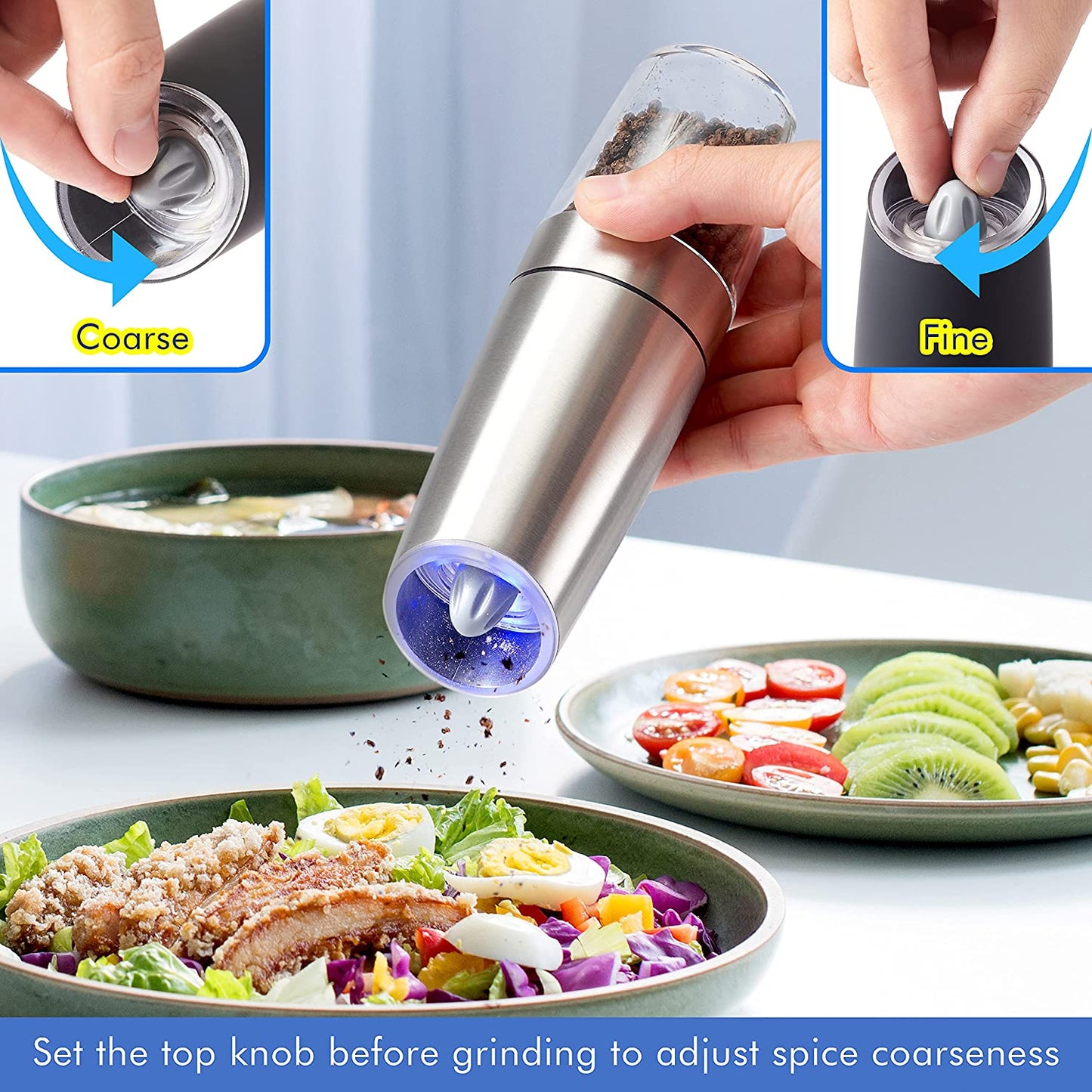 Gravity Electric Pepper and Salt Grinder Set, Adjustable Coarseness, Battery Powered with LED Light, One Hand Automatic Operation, Stainless Steel Black-2PACK