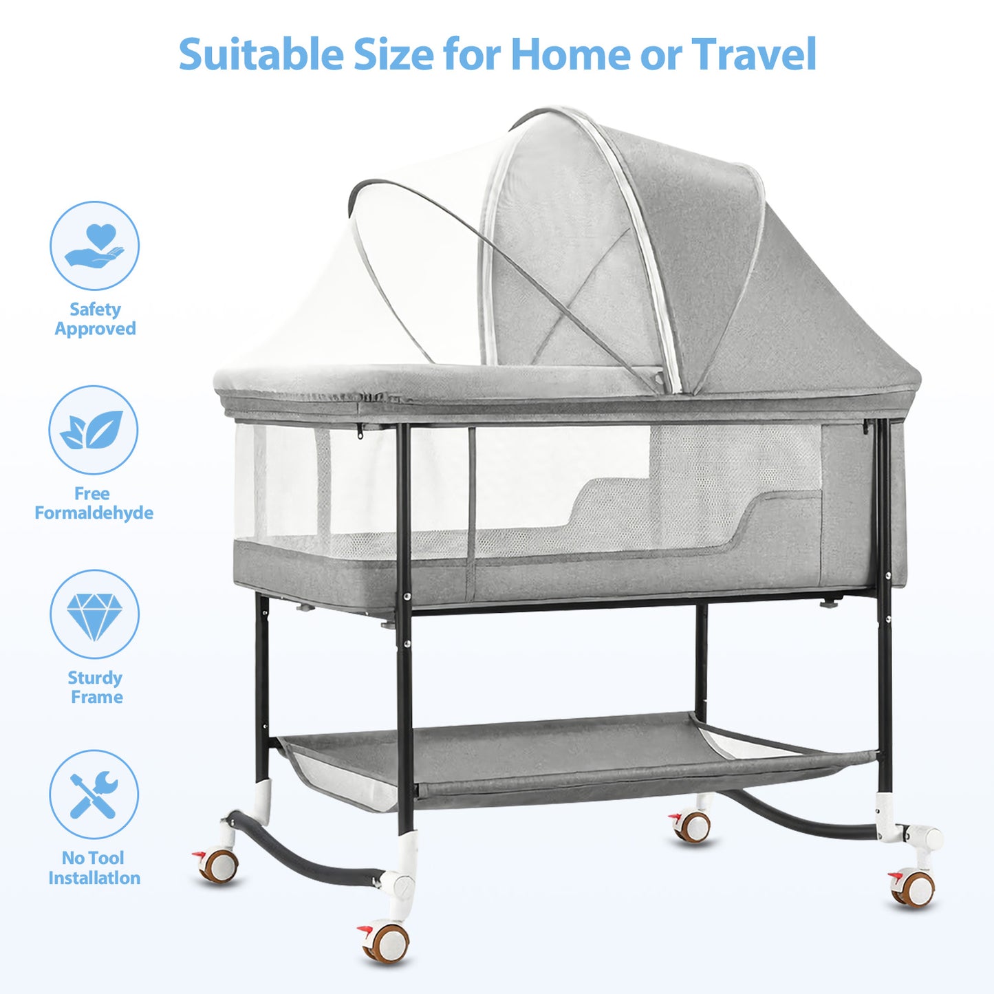 Baby Bassinets, Laverner 4 in 1 Baby Bassinet,Portable Infant Bedside Crib for Newborn with Storage Basket and Wheel for Newborns Girl Boy Infant