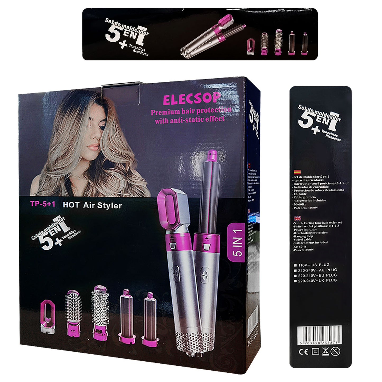 Elecsop 5 in 1 Hair Blower Brush Hairdryer Hair Curler Curling Iron Detachable Hair Styler Electric Hair Comb Rotating Hot Air Brush for All Hairstyle