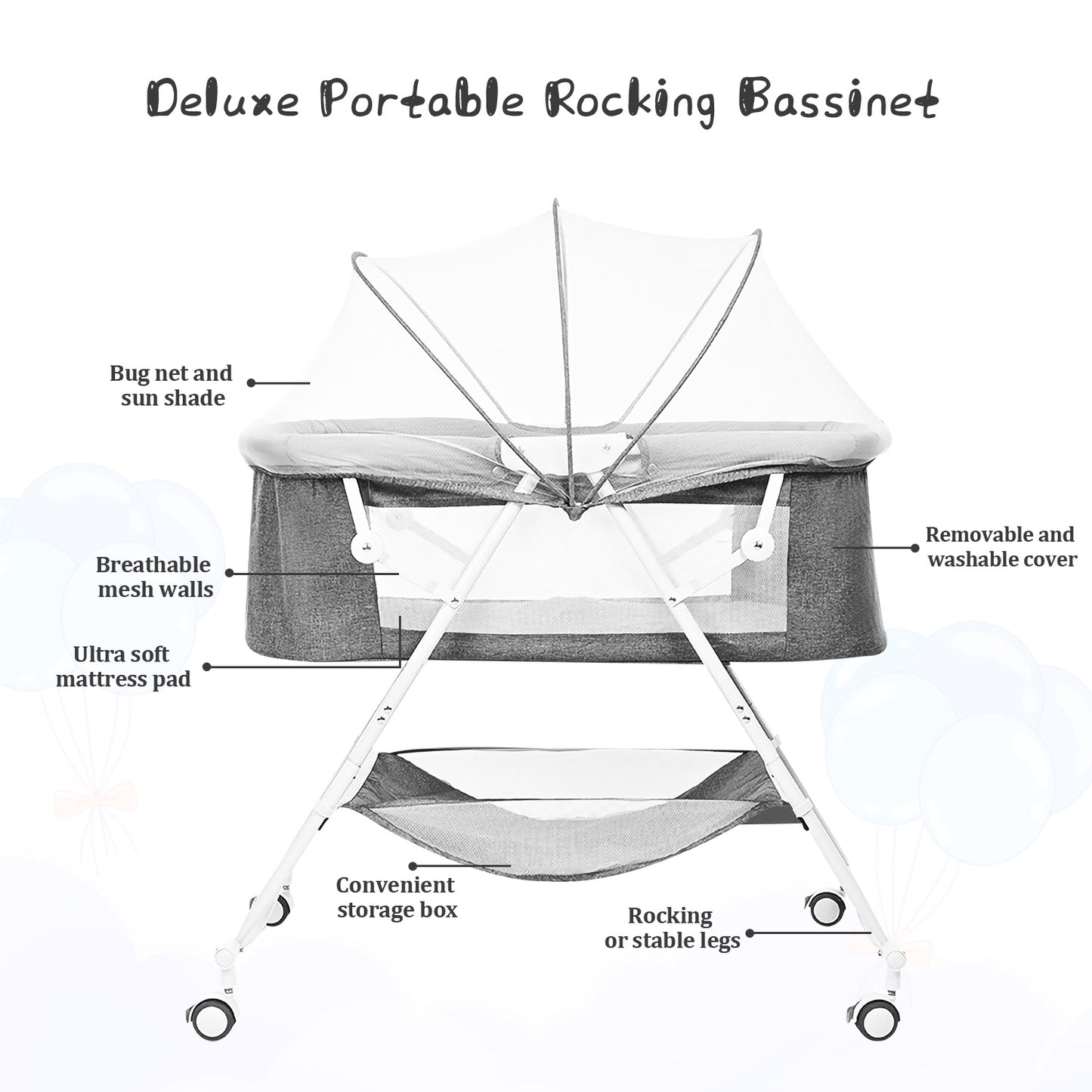 Bassinet for Babies, 4 in 1 Portable Rocking Bassinet with Breathable Net and Harmless Mattress, Quick-Fold Crib for Newborn Girl Boy Infant, Grey