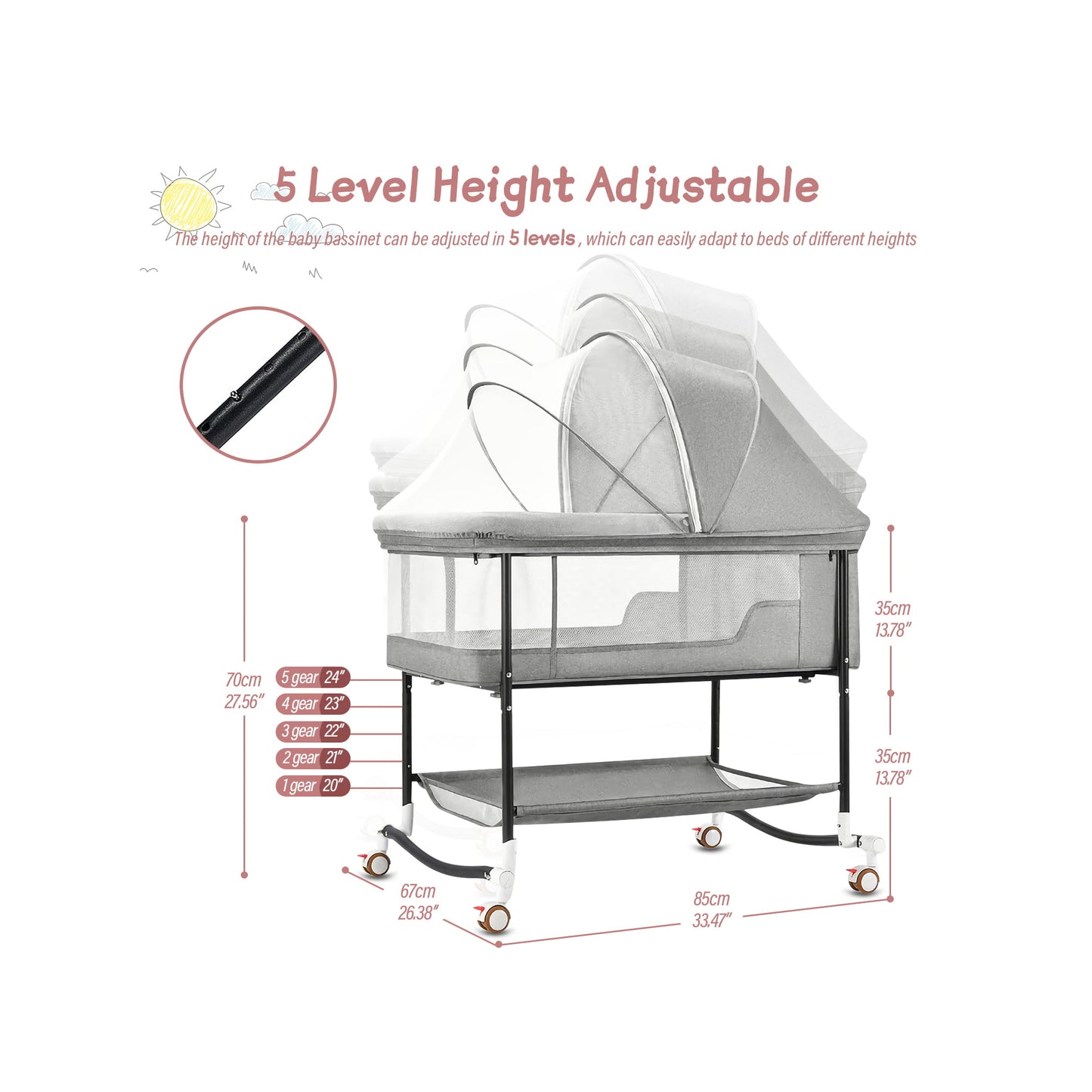 Baby Bassinets, Yadala 4 in 1 Portable Bassinet, Rocking Bed with Storage Basket for Newborns Girl Boy Infant