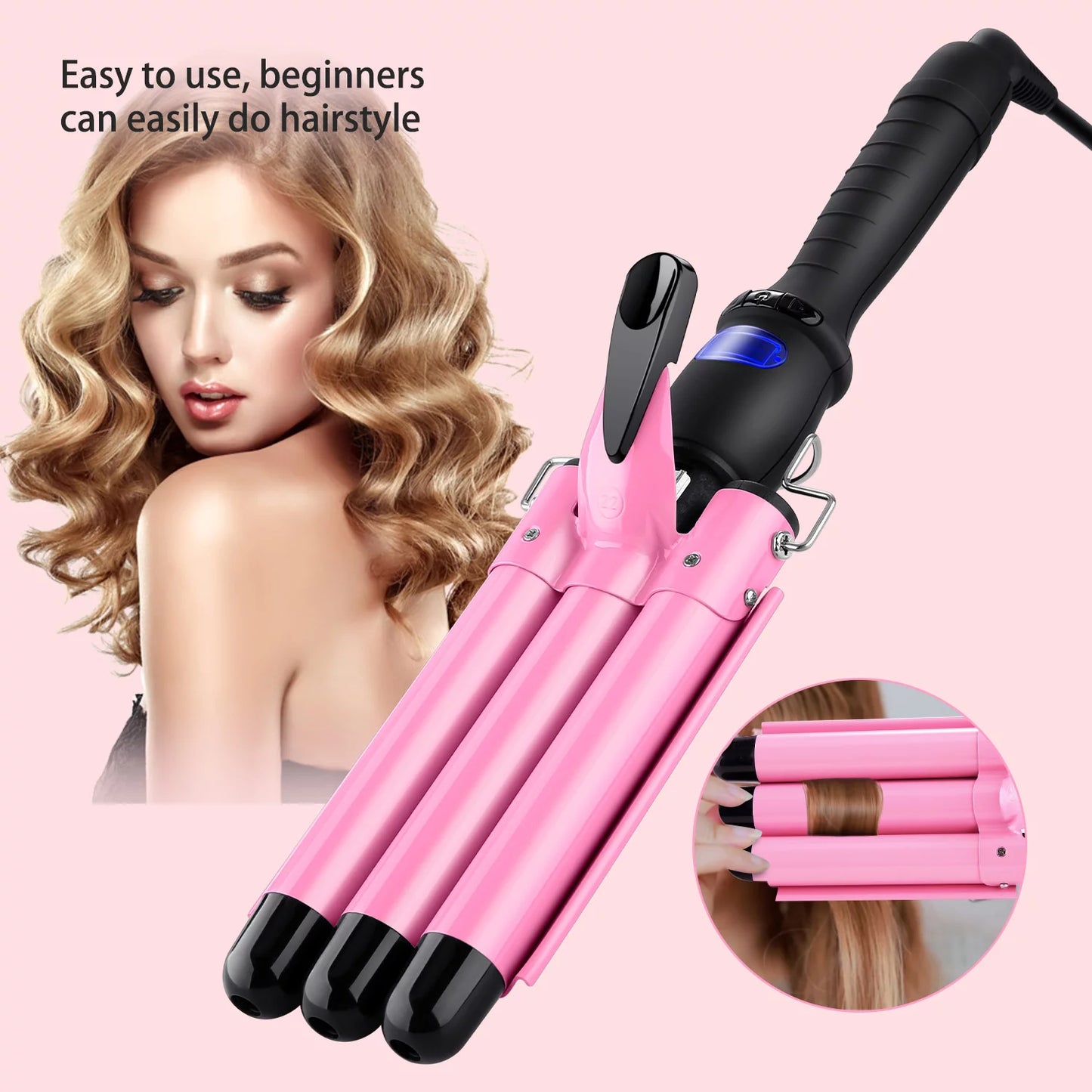 3 Barrel Curling Iron Wand with LCD Temperature Display - Hosey 1 Inch Ceramic Tourmaline Triple Barrels Hair Waver, Dual Voltage Hair Crimper (Pink)