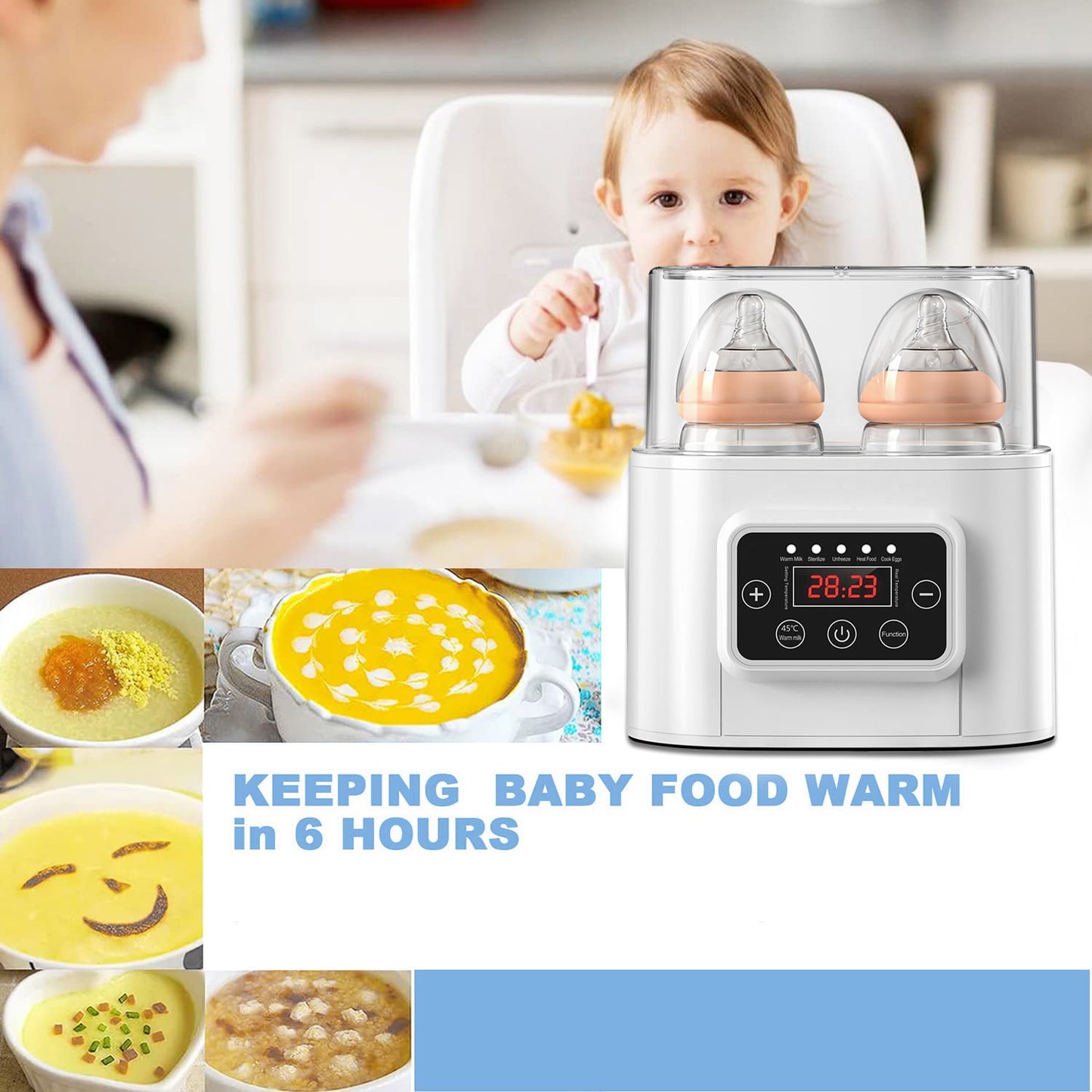 Laverner  Baby Bottle Warmer, Bottle Sterilizer, 6-in-1 Fast Bottle Warmer  Food Heater&Defrost, Baby Breast Milk Formula Warmer with LCD Display
