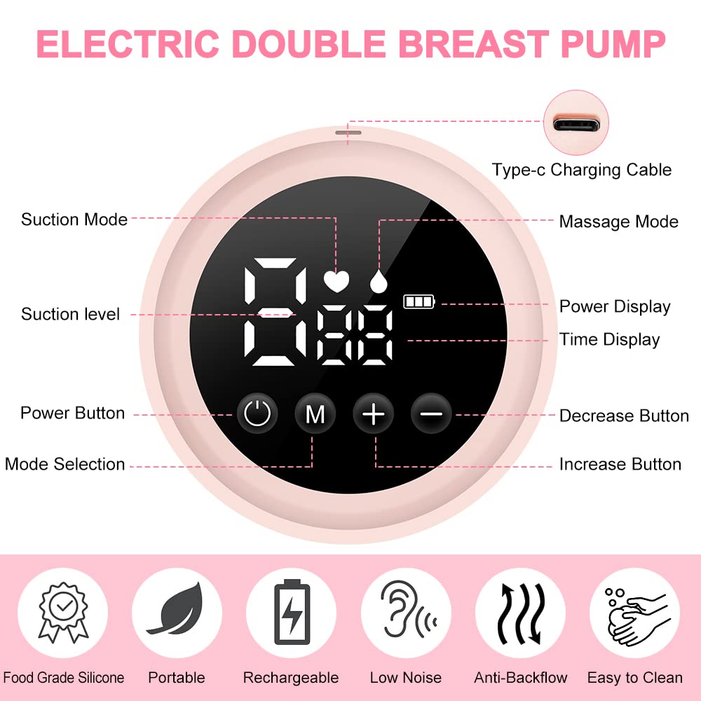 Double Electric Breast Pump, Portable Breast Pump, Rechargeable Breastfeeding Pump with LED Display 9 Speeds and 2 Modes