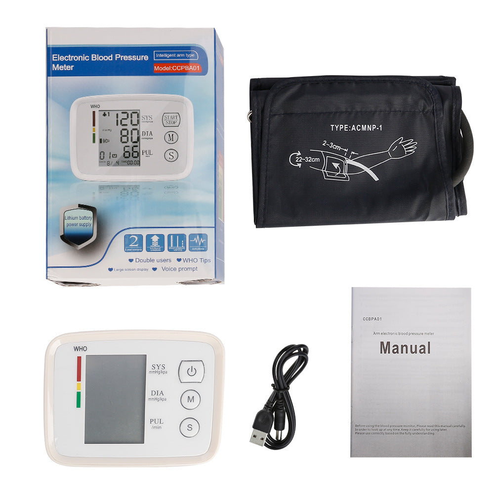 Upper Arm Blood Pressure Monitor, Automatic BP Machine Blood Pressure Cuff Machine with Speaker, LCD Display and USB Cable
