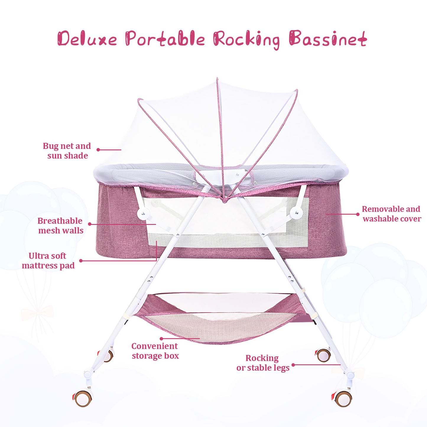Bassinet for Babies, 4 in 1 Portable Rocking Bassinet with Breathable Net and Harmless Mattress, Quick-Fold Crib for Newborn Girl Boy Infant, Purple