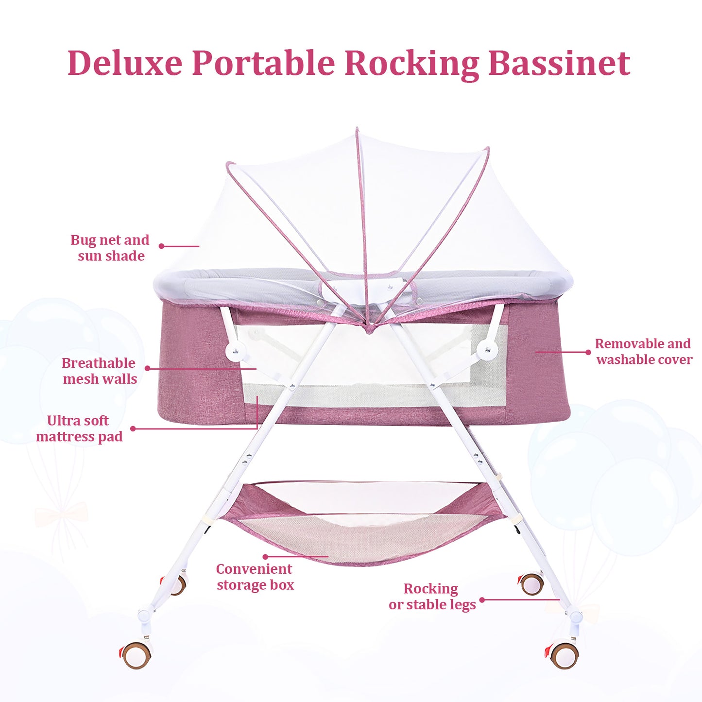 Bassinet for Babies, Zechiy 4 in 1 Portable Rocking Bassinet with Breathable Net and Harmless Mattress, Quick-Fold Crib for Newborn Girl Boy Infant, Purple
