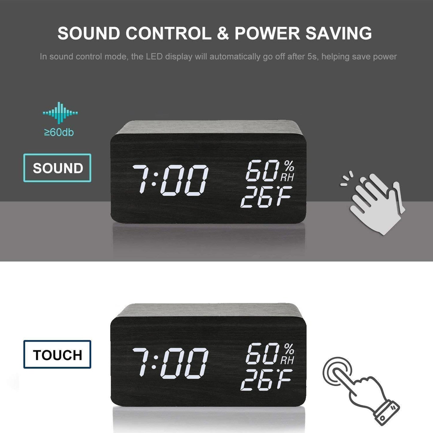 Digital Alarm Clock, Wooden Clock with Wireless Charging, 3 Alarm Settings, Sound Control, Clocks for Bedroom, Office