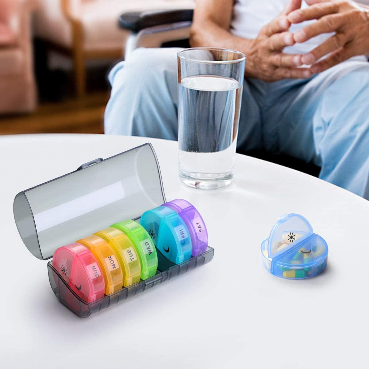 Pill Organizer 2 Times A Day Travel Weekly Pill Box 7 Day AM/PM Pill Organizer, Large Pop-Out Compartments, Rainbow