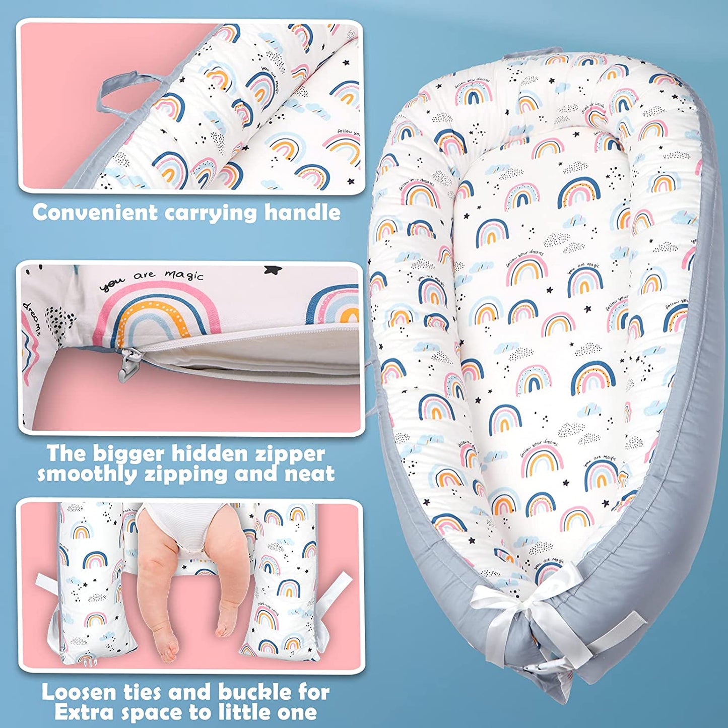 YADALA Baby Lounger Floral Nest Cotton Newborn Bassinet Infant Portable Crib Nests Pillow for Travel Snuggle Bed Sleep