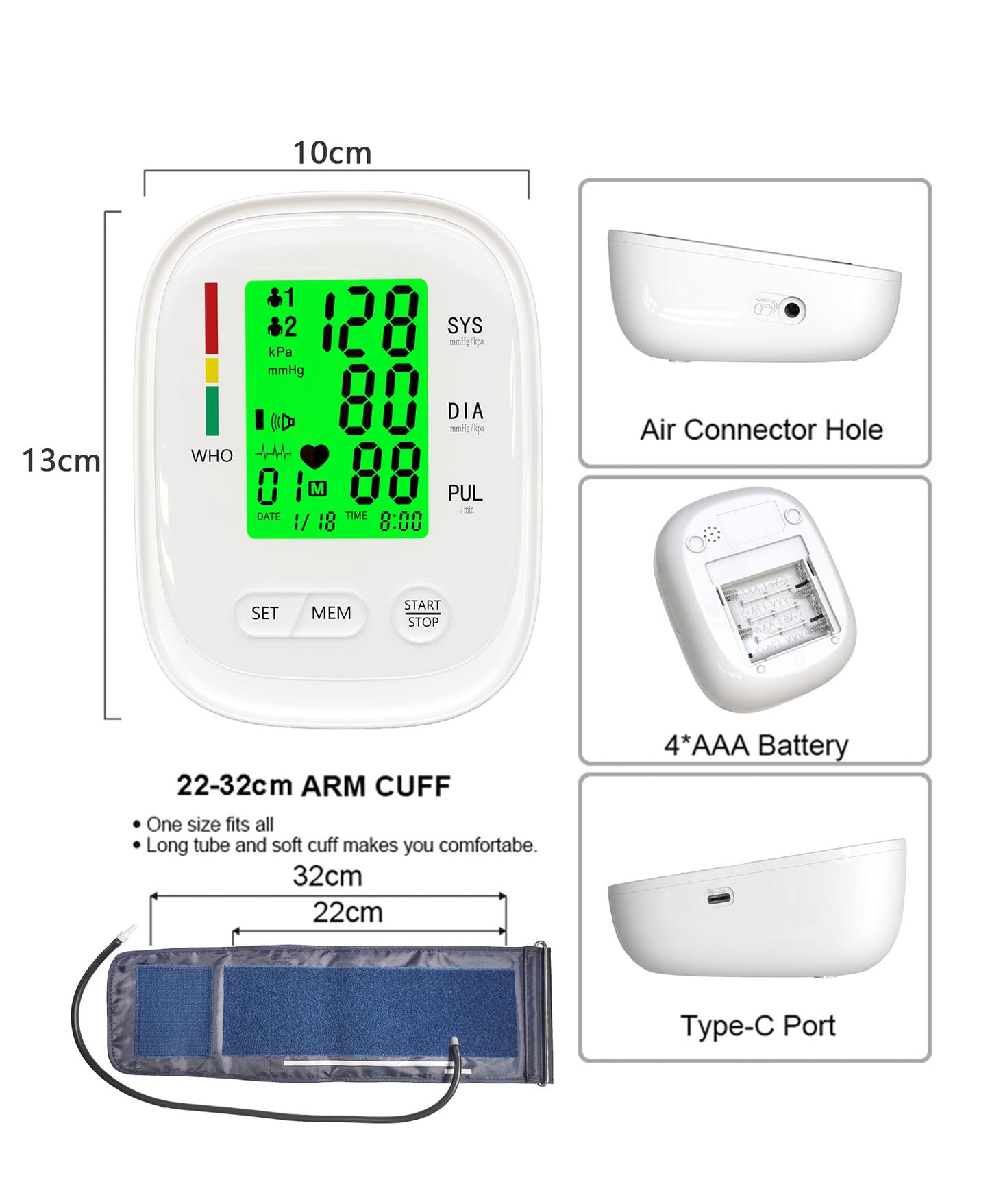 Blood Pressure Monitor Upper Arm, Automatic BP Blood Pressure Machine, Rechargable Heartbeat Rate Pulse Monitor, 2x90 Memory