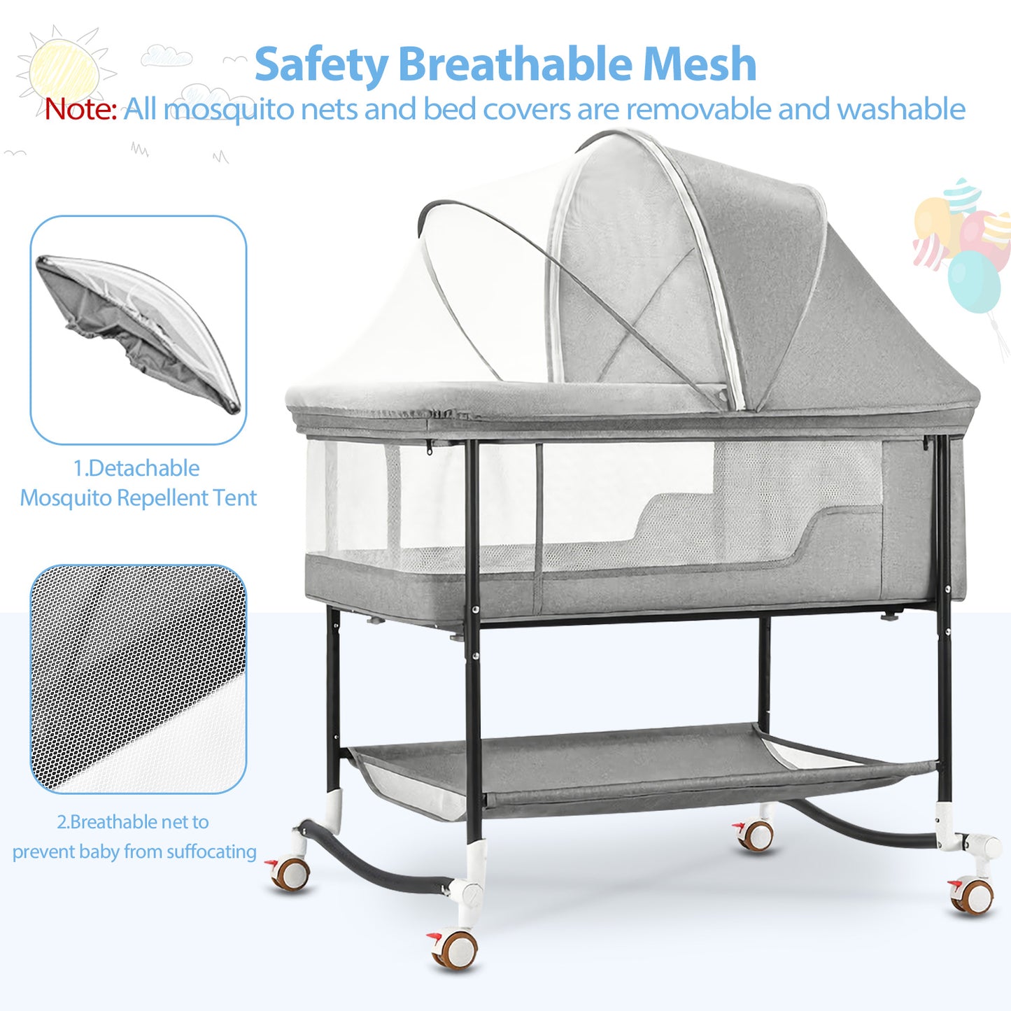 Baby Bassinets, Laverner 4 in 1 Baby Bassinet,Portable Infant Bedside Crib for Newborn with Storage Basket and Wheel for Newborns Girl Boy Infant