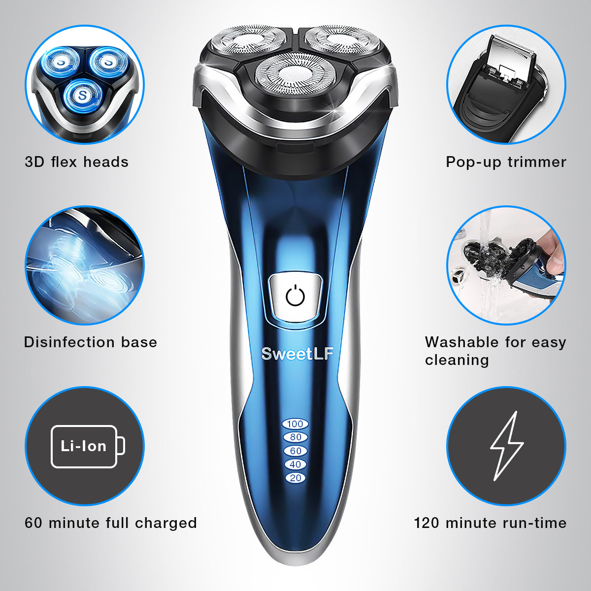 SweetLF Electric Razor for Men, IPX7 Waterproof Wet and Dry Electric Shaver with Pop-up Trimmer, Blue