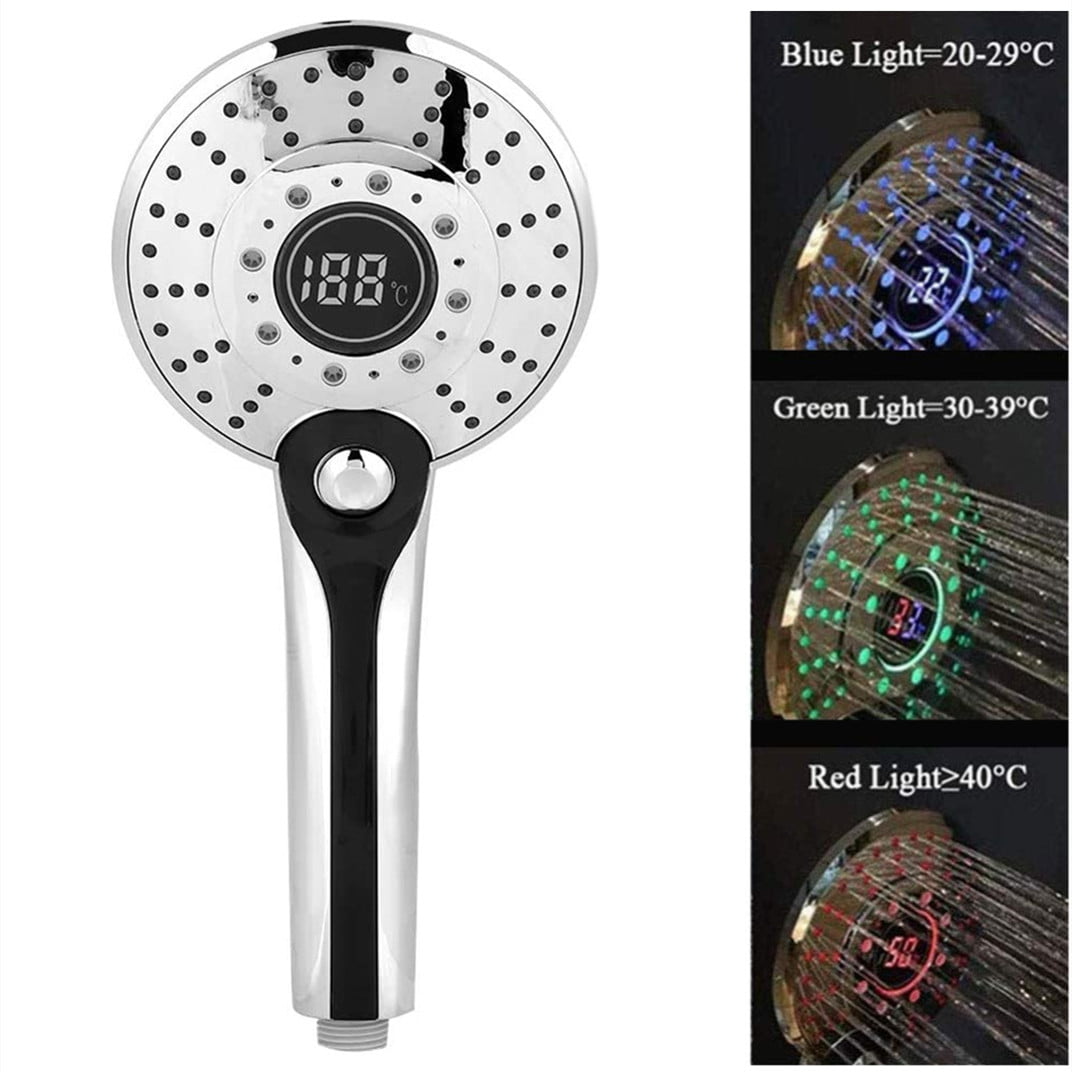 Shower Head, Digital Display Handheld Shower Head Portable Hand Held Shower Tool Head with 3 Colors Temperature Control