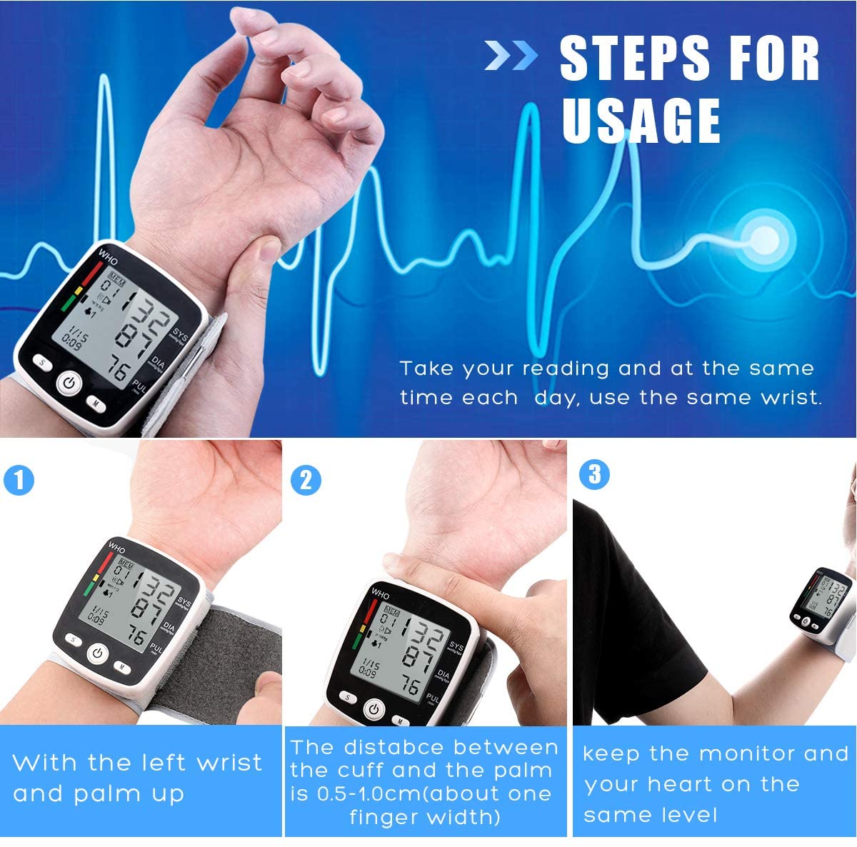 Blood Pressure Monitor, Wrist Blood Pressure Cuff Monitor with USB Charging, Automatic Digital BP Machine, Voice Broadcast