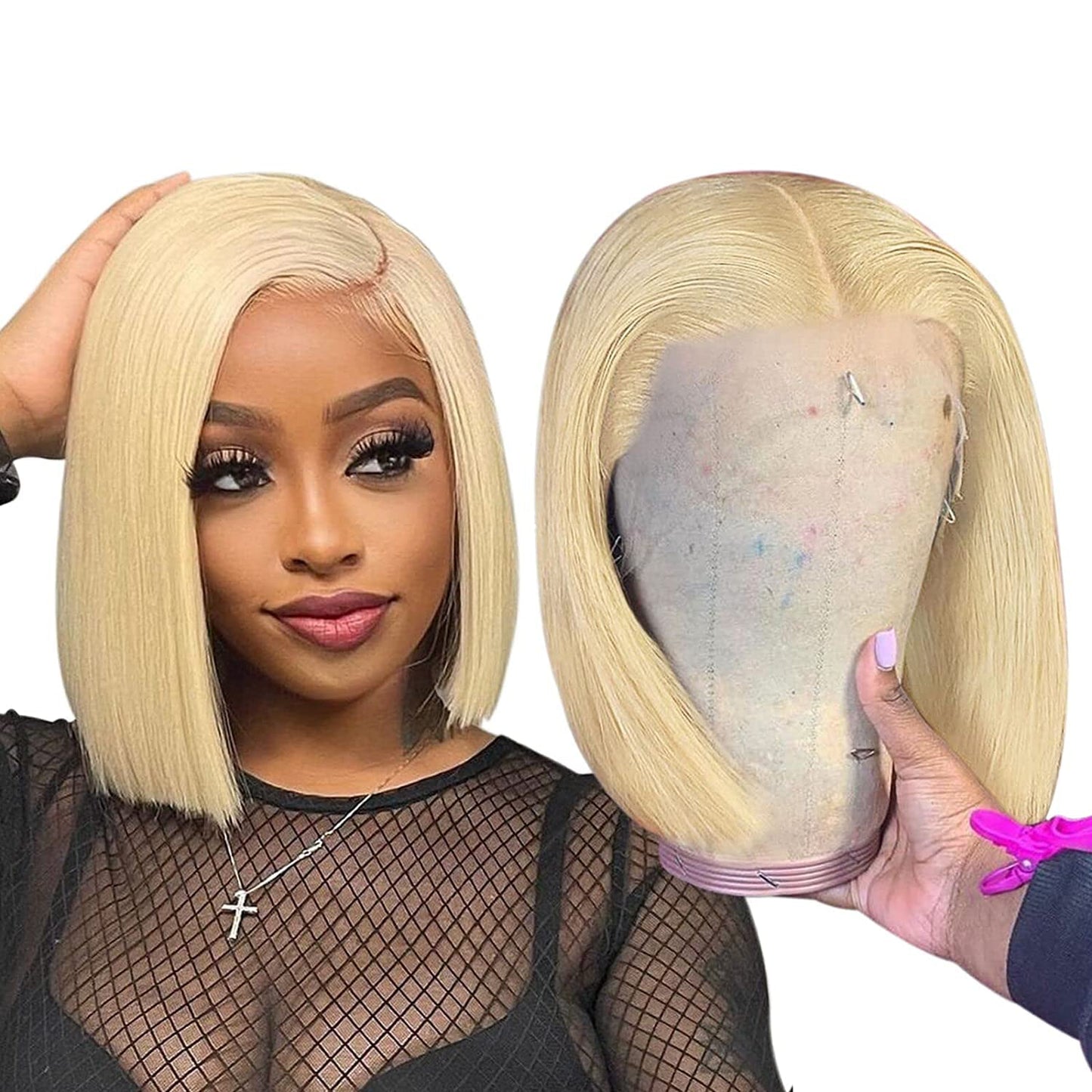 Blonde Bob Wig , Wigs Pre Plucked Bleached Knots Free Part  Short Blonde Bob Wigs for Black Women