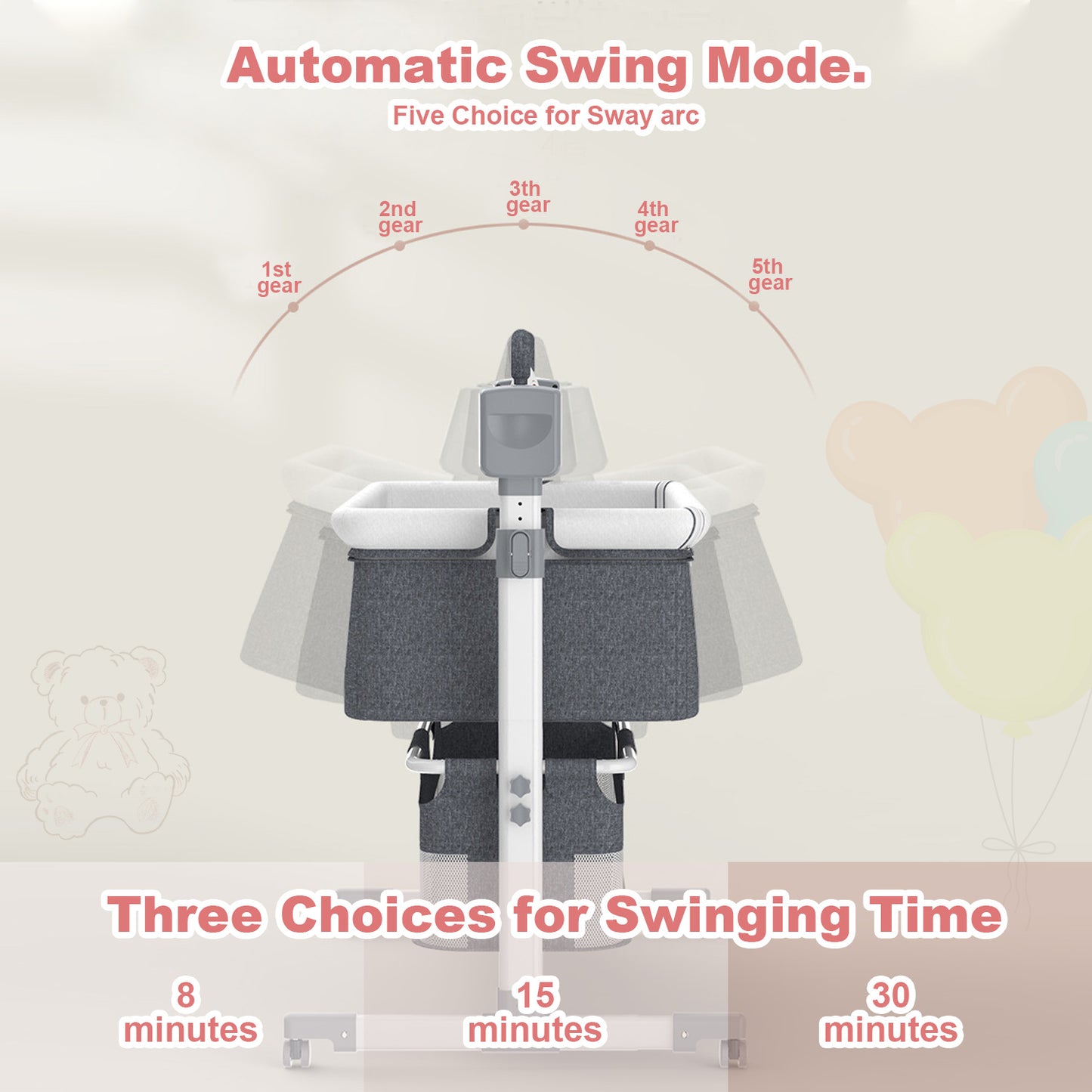Bassinets 5 in 1, Automatic Bassinet with Adjustable Height Portable Bed Side Sleeper w/Music, Toy Rack, Mattress, Breathable Mesh, for Newborn Infant (Dark Grey)