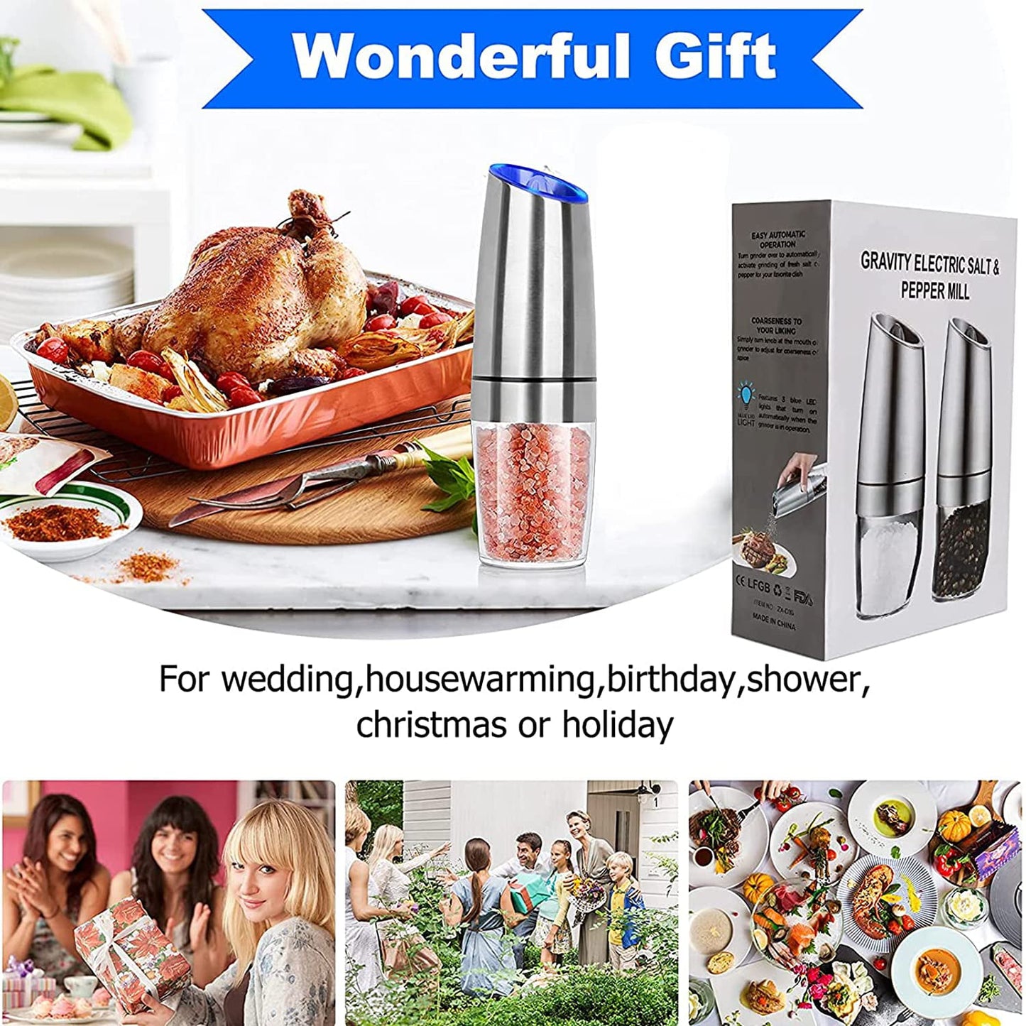 Gravity Electric Pepper and Salt Grinder Set, Adjustable Coarseness, Battery Powered with LED Light, One Hand Automatic Operation, Stainless Steel Silver